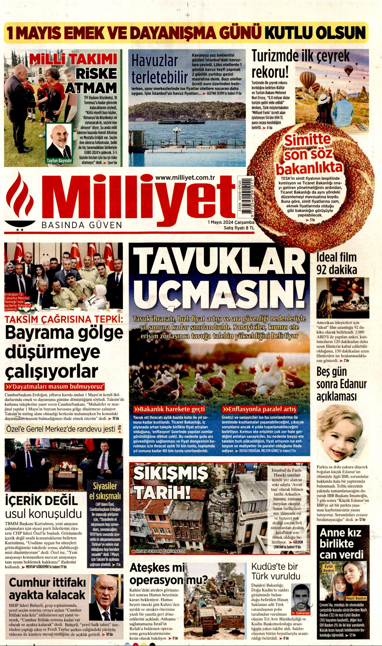 MİLLİYET gazetesinin 1 Mayıs 2024 tarihli birinci sayfası