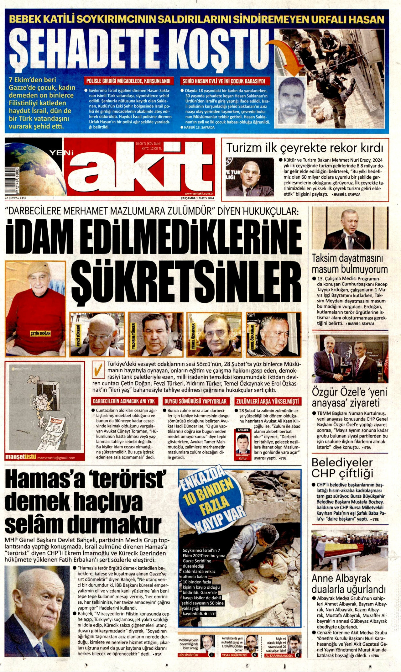 YENİ AKİT gazetesinin 1 Mayıs 2024 tarihli birinci sayfası
