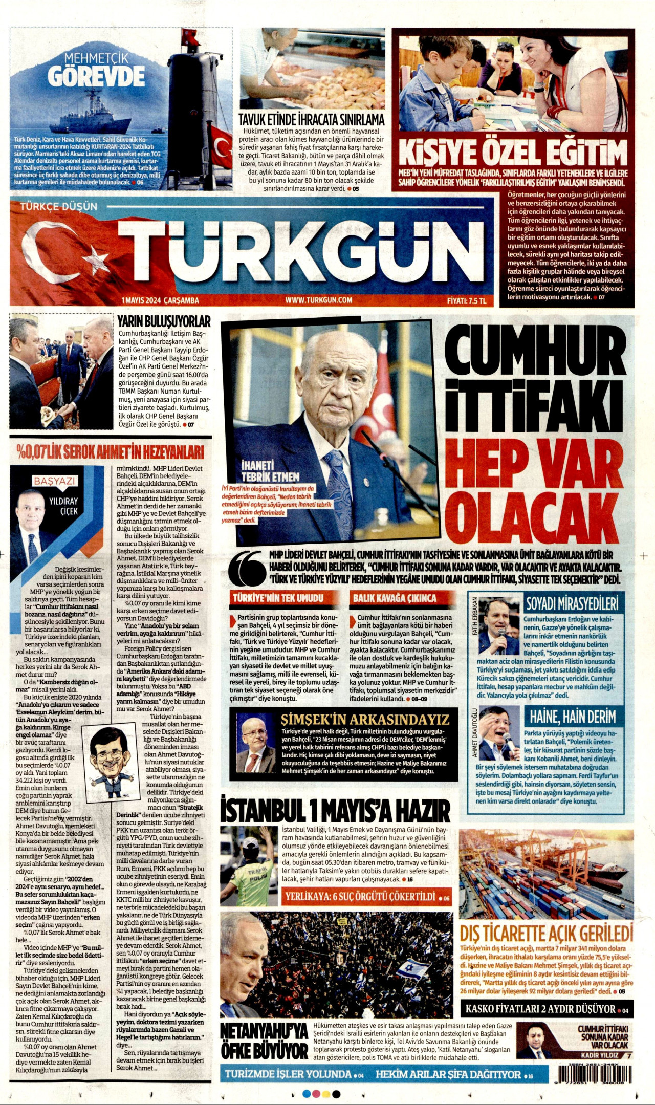 TÜRKGÜN gazetesinin 1 Mayıs 2024 tarihli birinci sayfası