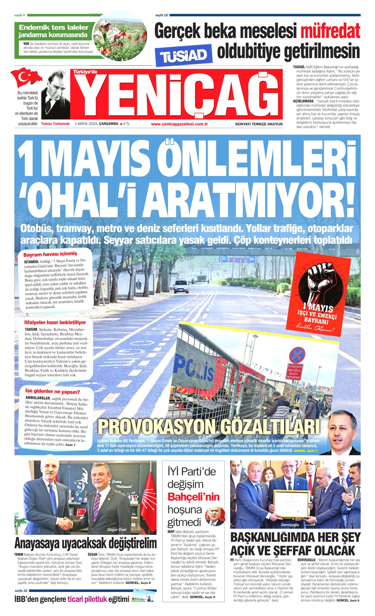 YENİÇAĞ gazetesinin 1 Mayıs 2024 tarihli birinci sayfası