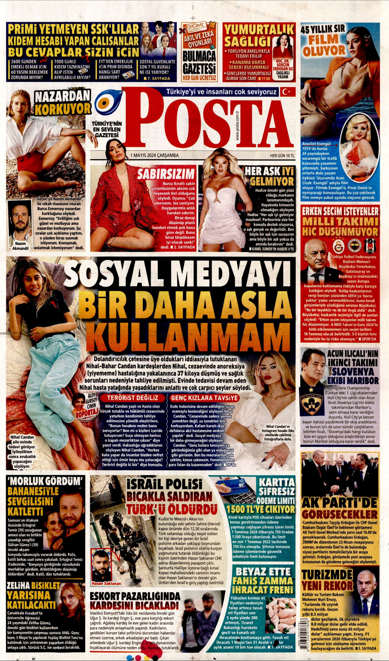 POSTA gazetesinin 1 Mayıs 2024 tarihli birinci sayfası