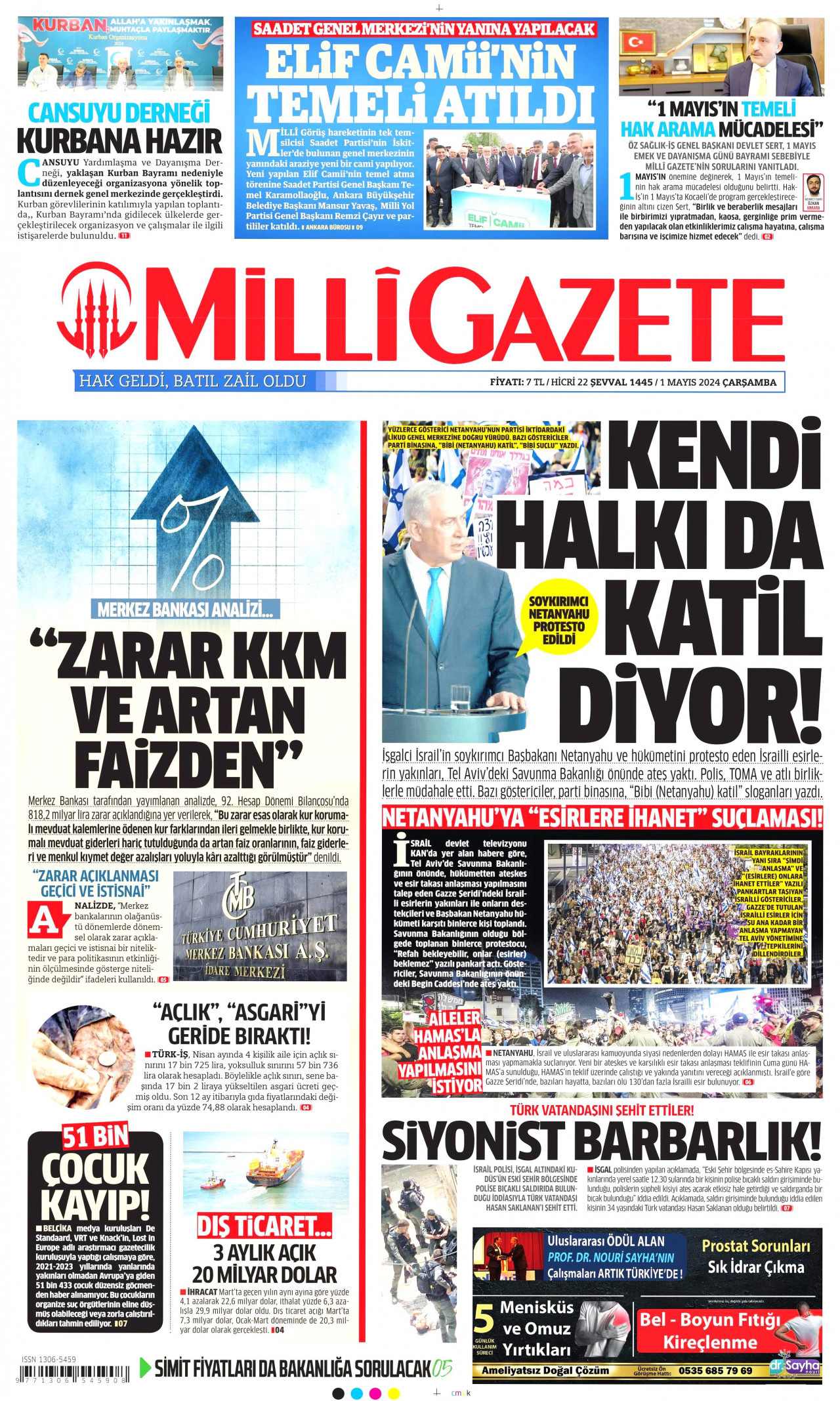 MİLLİ GAZETE gazetesinin 1 Mayıs 2024 tarihli birinci sayfası