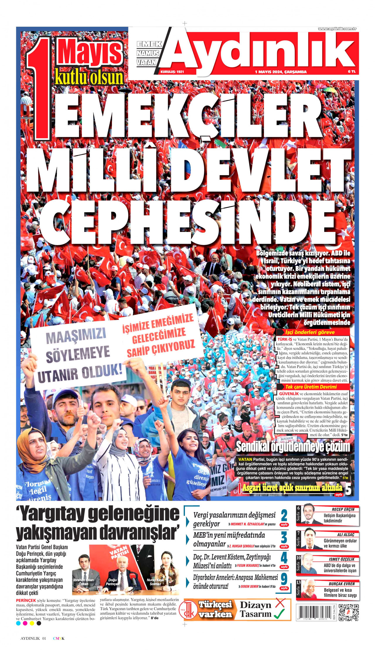 AYDINLIK GAZETESİ gazetesinin 1 Mayıs 2024 tarihli birinci sayfası