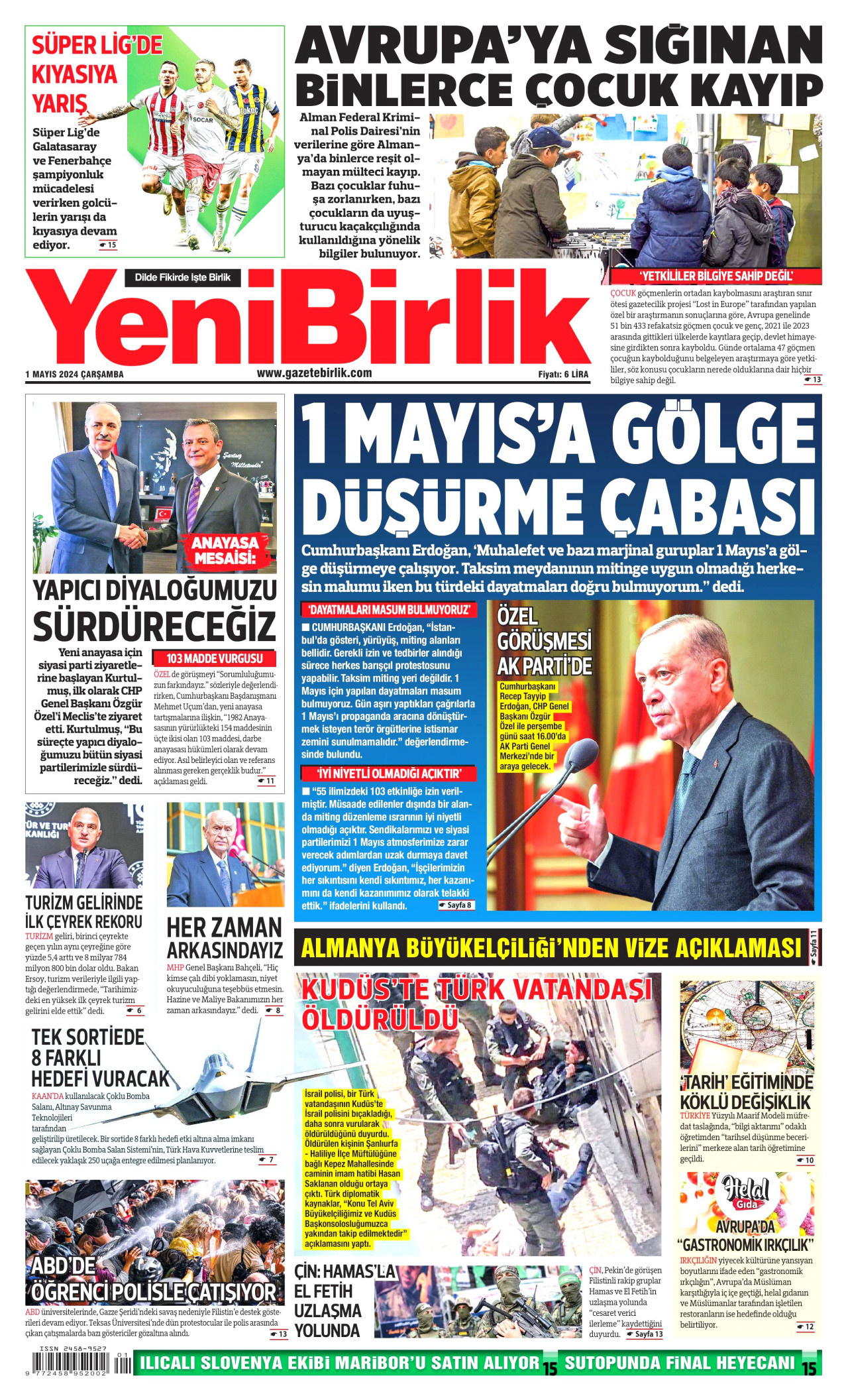 YENİBİRLİK gazetesinin 1 Mayıs 2024 tarihli birinci sayfası
