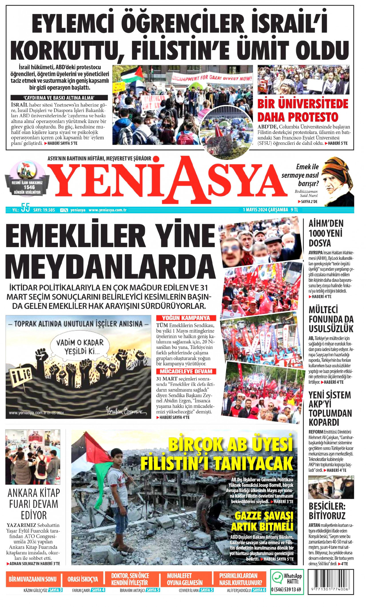 YENİ ASYA gazetesinin 1 Mayıs 2024 tarihli birinci sayfası