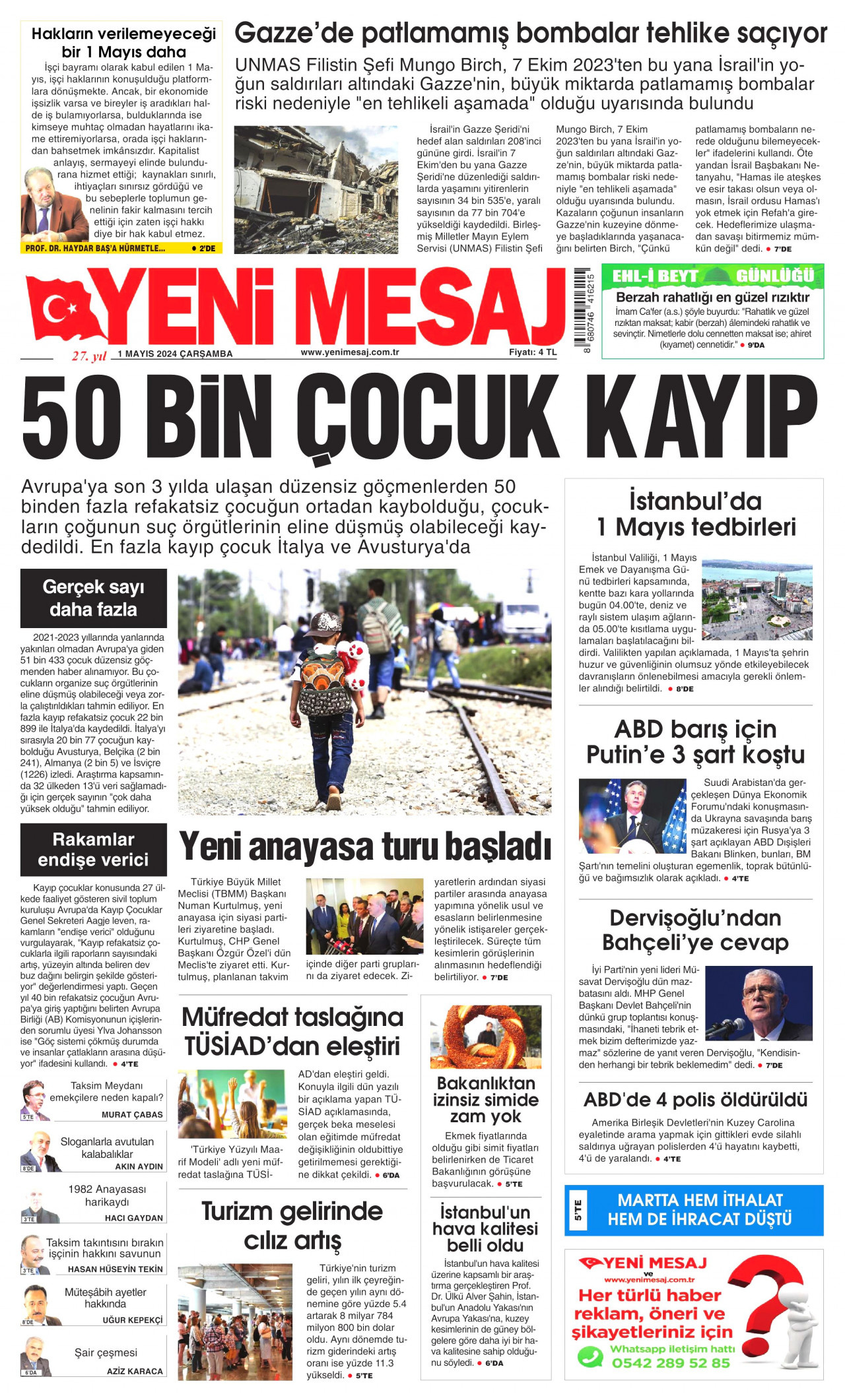 YENİ MESAJ gazetesinin 1 Mayıs 2024 tarihli birinci sayfası