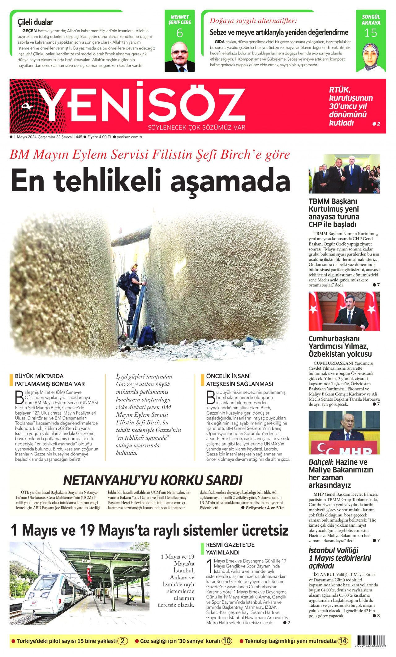 YENİ SÖZ GAZETESİ gazetesinin 1 Mayıs 2024 tarihli birinci sayfası
