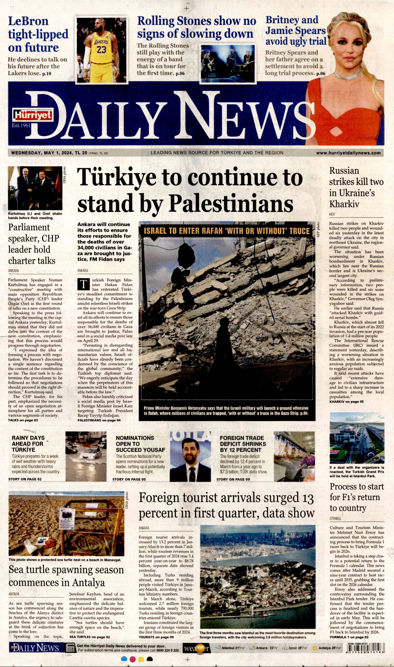 HÜRRİYET DAİLY NEWS gazetesinin 1 Mayıs 2024 tarihli birinci sayfası