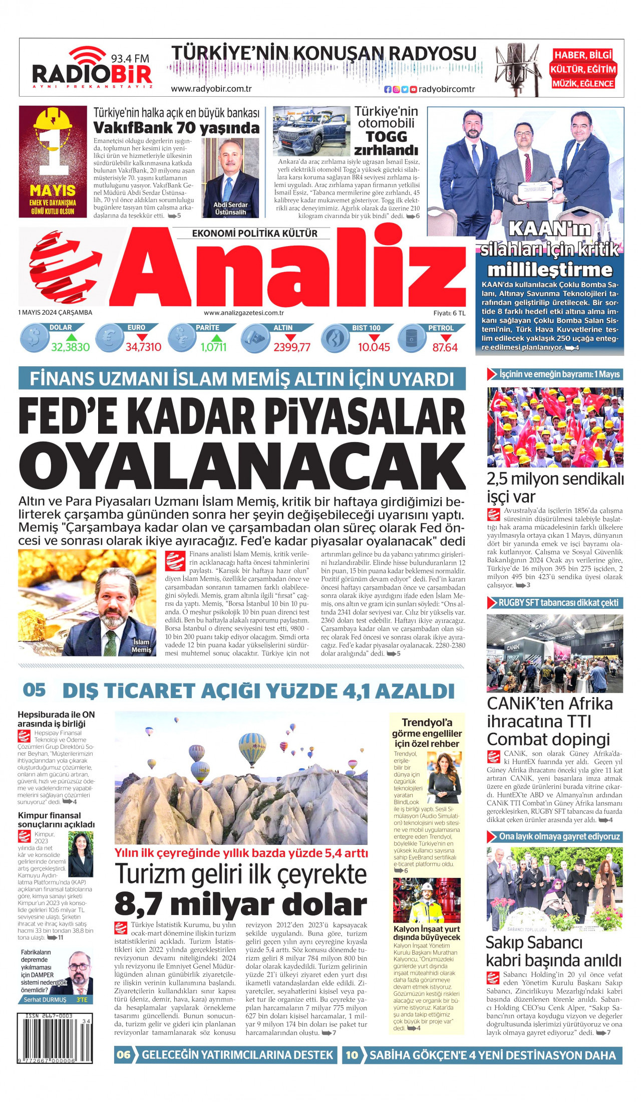 ANALİZ gazetesinin 1 Mayıs 2024 tarihli birinci sayfası