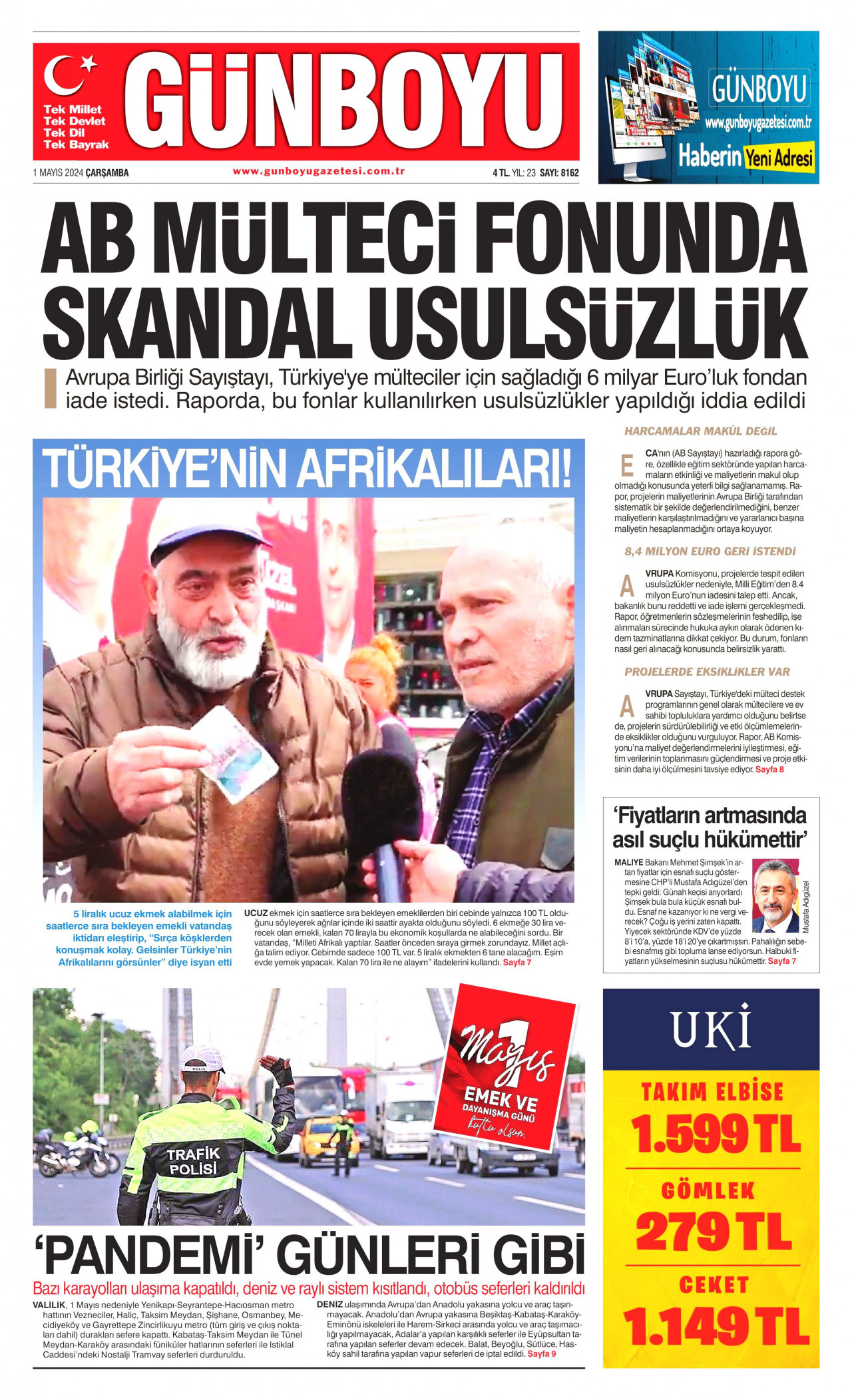 GÜNBOYU gazetesinin 1 Mayıs 2024 tarihli birinci sayfası