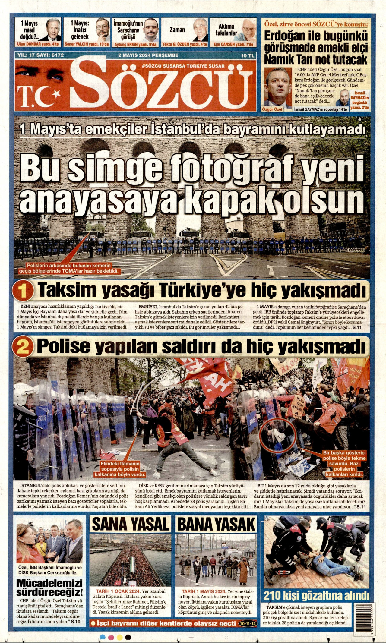 SÖZCÜ gazetesinin 2 Mayıs 2024 tarihli birinci sayfası