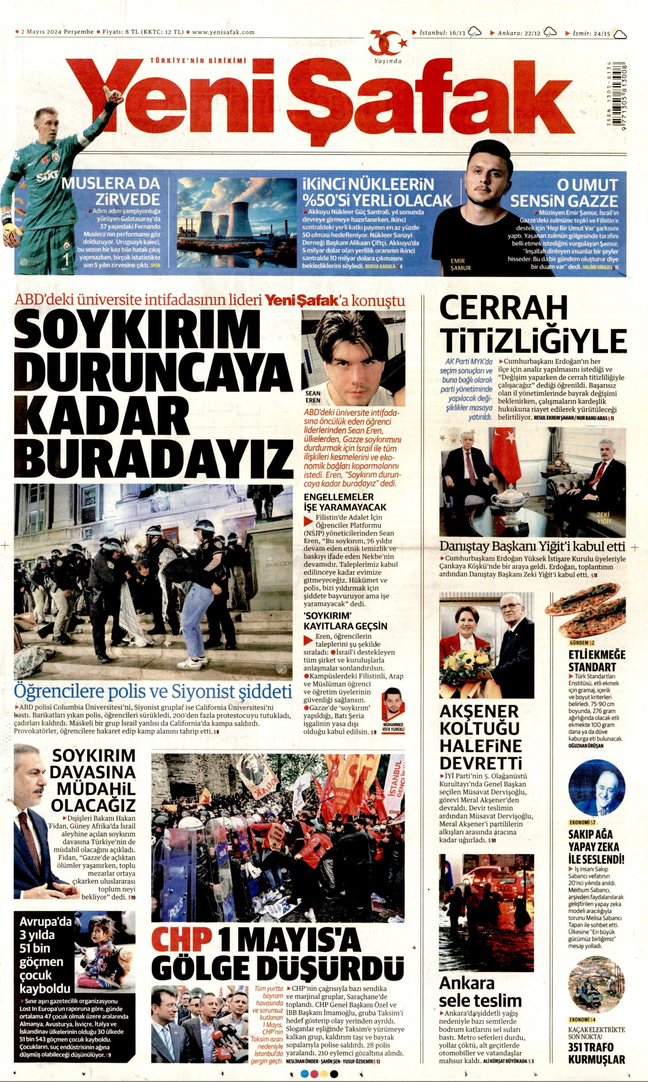 YENİ ŞAFAK gazetesinin 2 Mayıs 2024 tarihli birinci sayfası