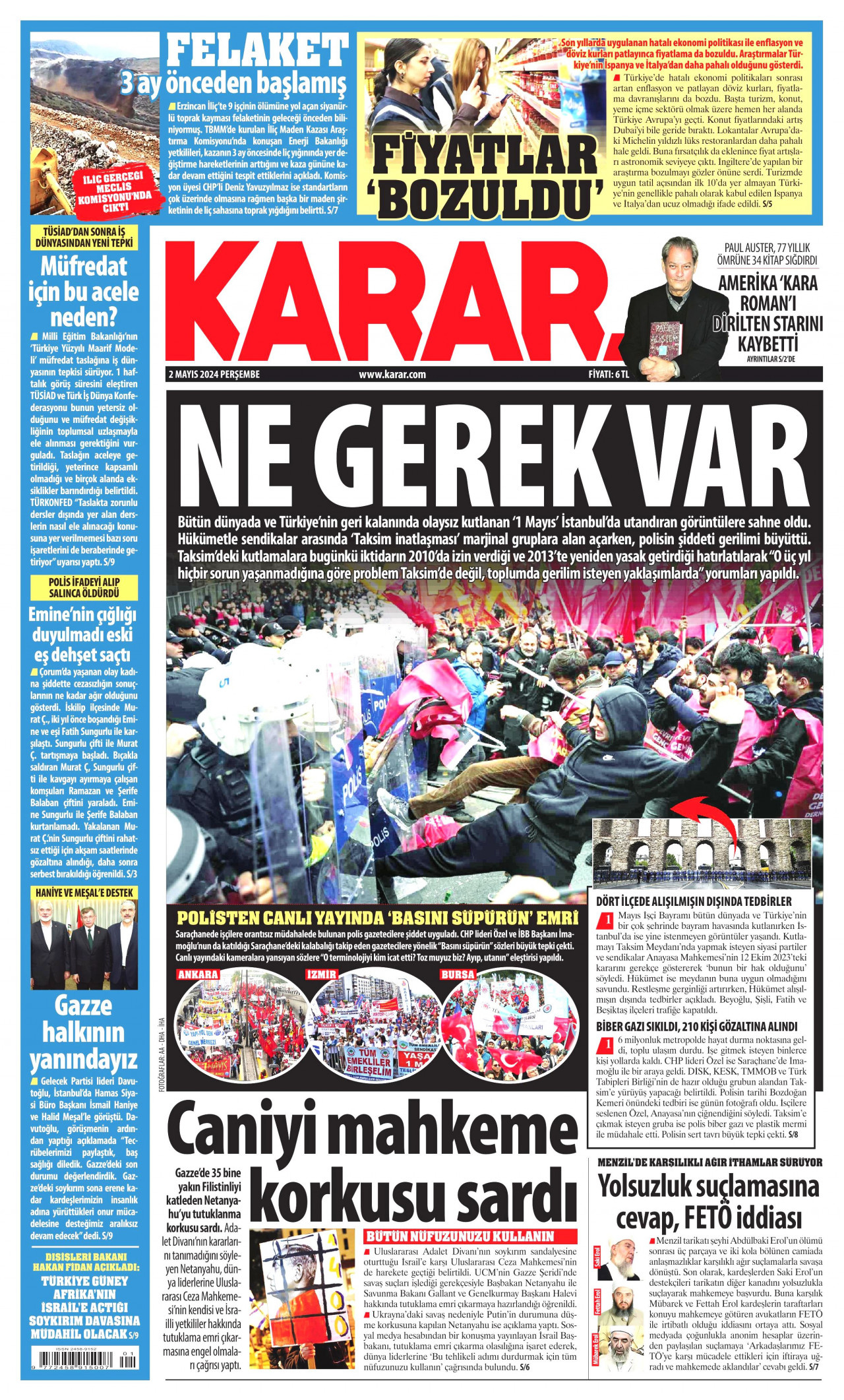 KARAR gazetesinin 2 Mayıs 2024 tarihli birinci sayfası