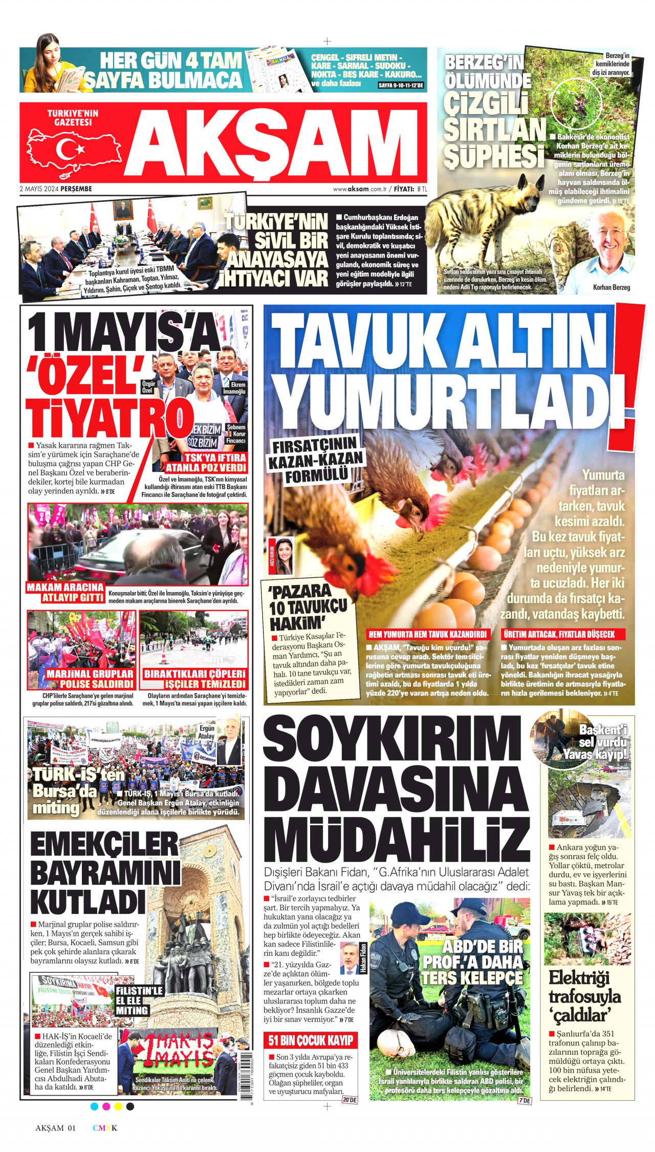 AKŞAM gazetesinin 2 Mayıs 2024 tarihli birinci sayfası