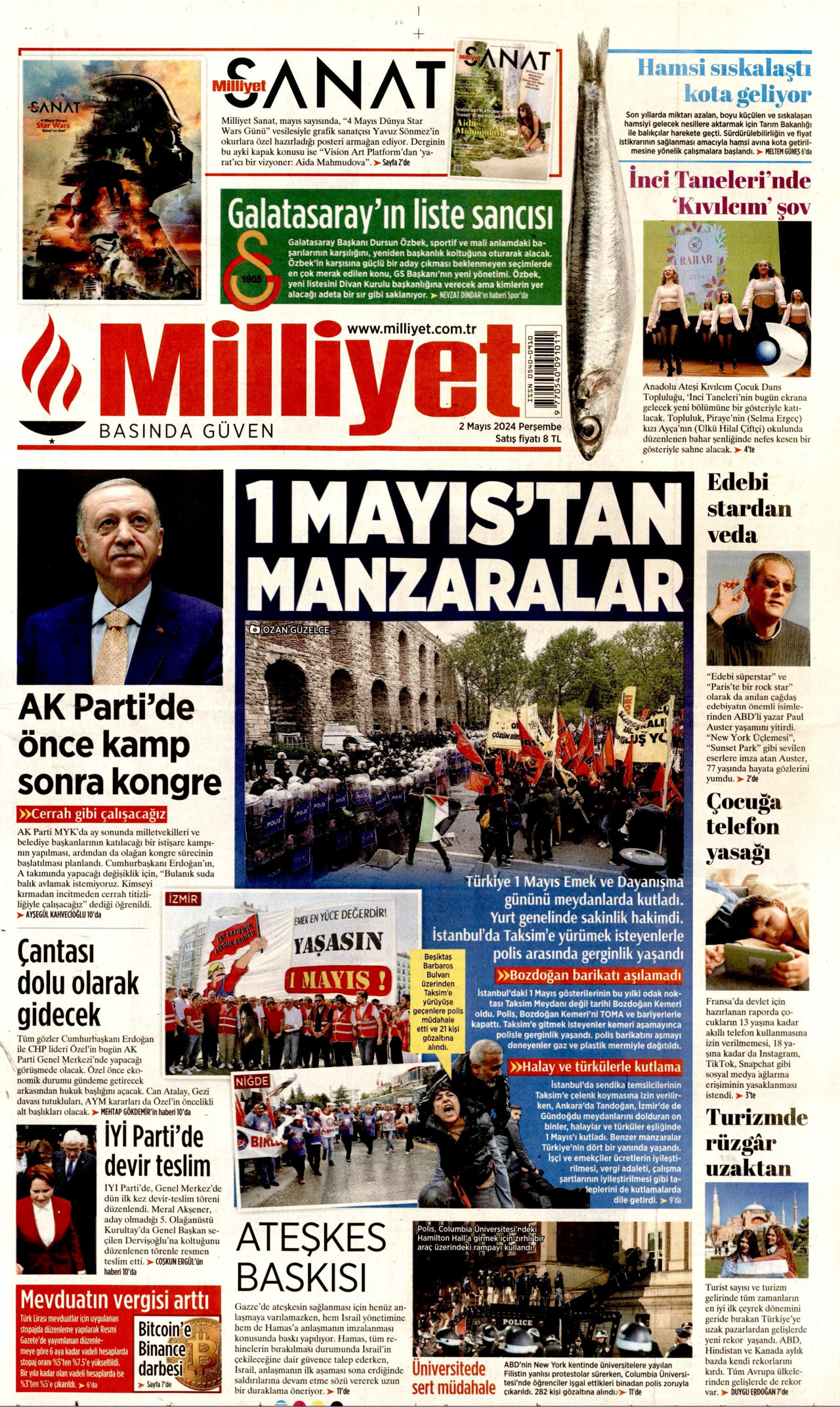 MİLLİYET gazetesinin 2 Mayıs 2024 tarihli birinci sayfası