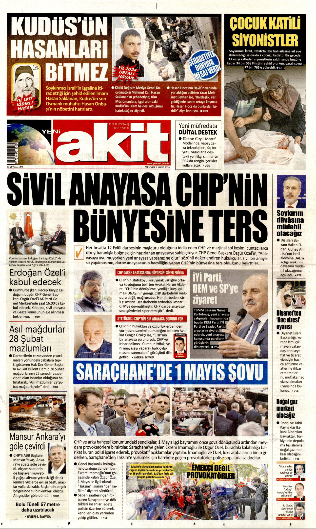 YENİ AKİT gazetesinin 2 Mayıs 2024 tarihli birinci sayfası