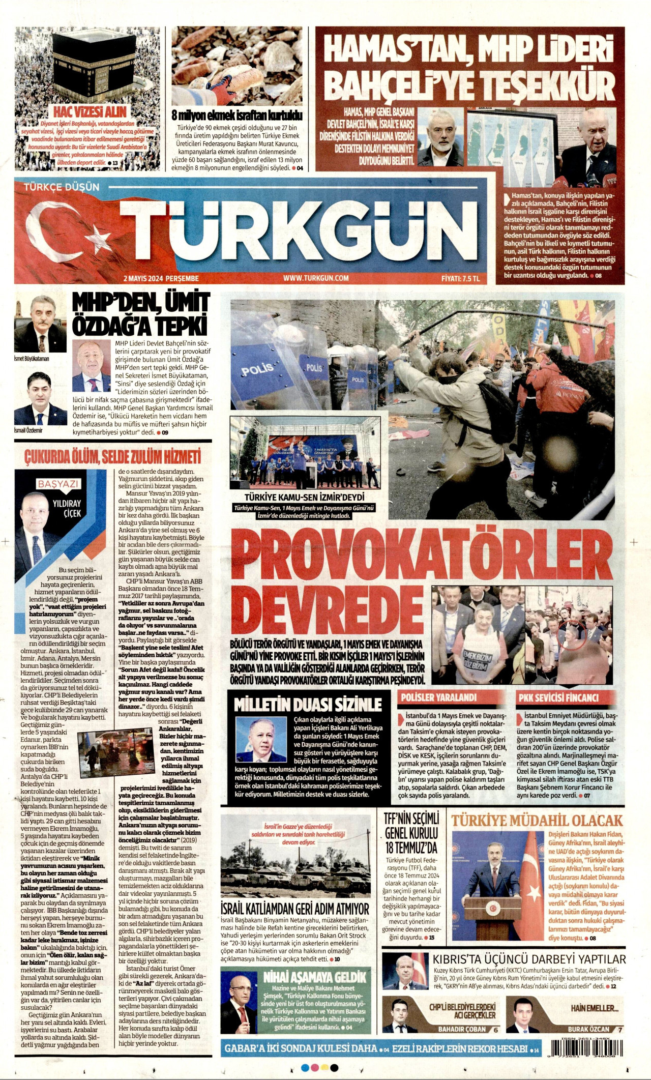 TÜRKGÜN gazetesinin 2 Mayıs 2024 tarihli birinci sayfası