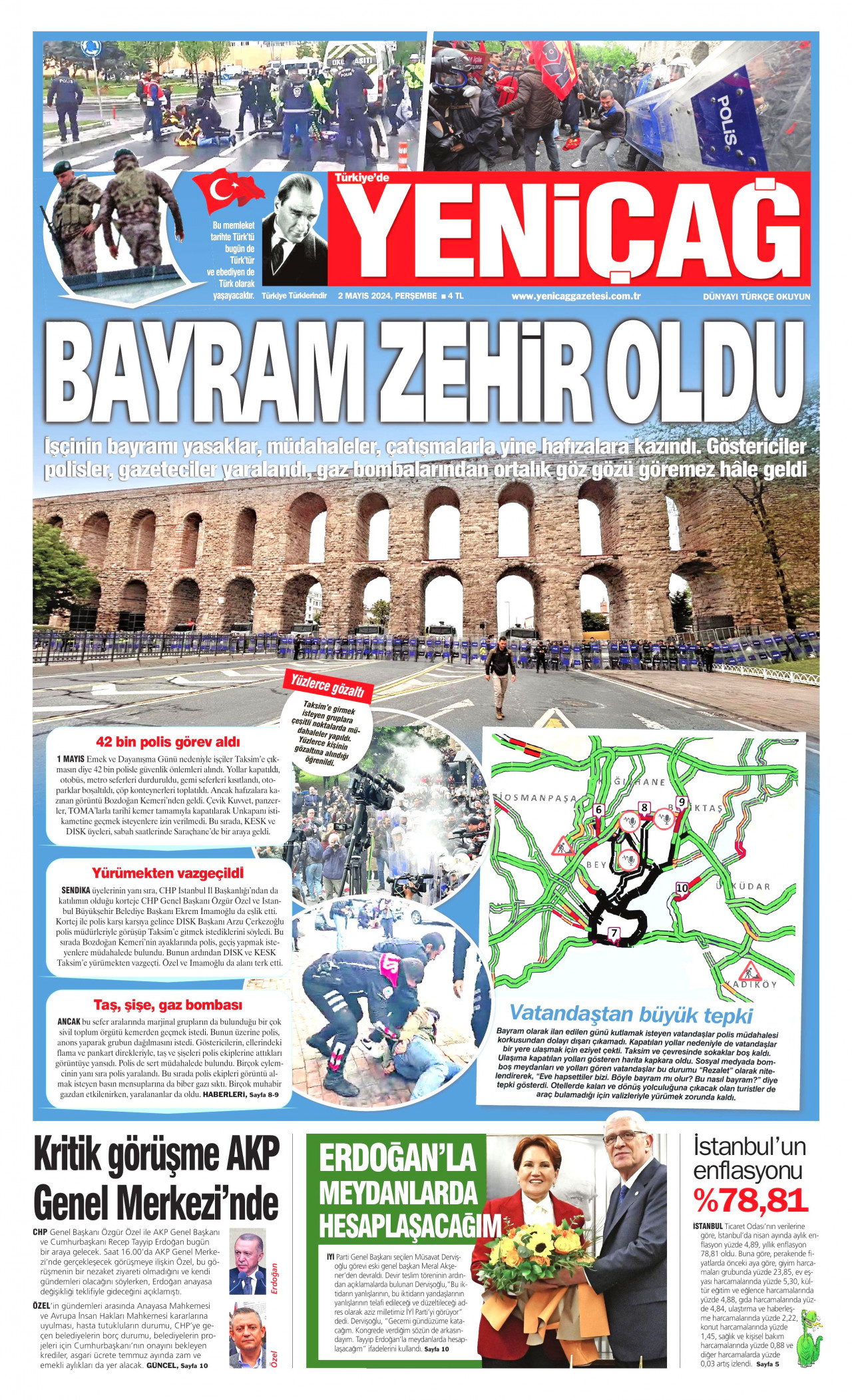 YENİÇAĞ gazetesinin 2 Mayıs 2024 tarihli birinci sayfası