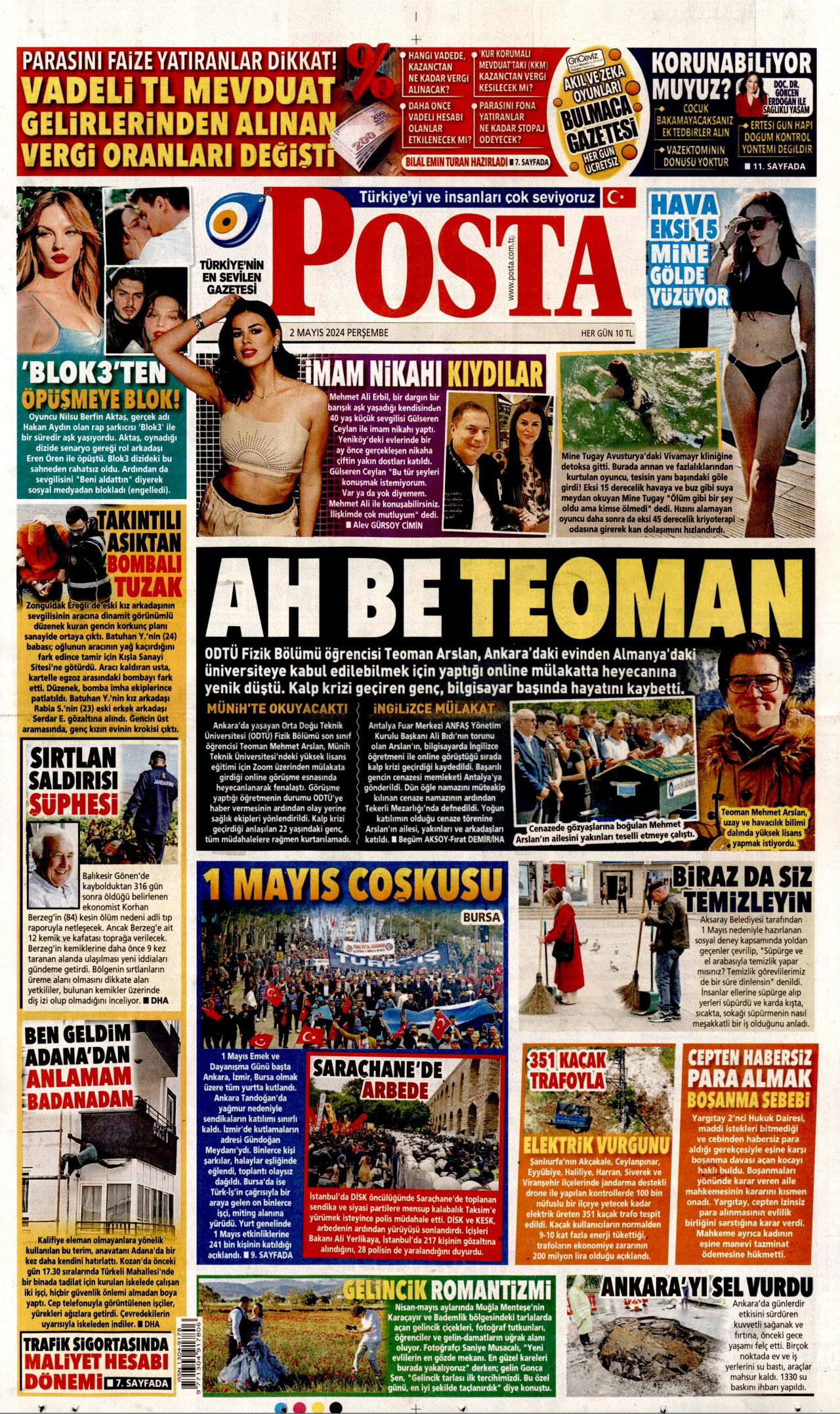 POSTA gazetesinin 2 Mayıs 2024 tarihli birinci sayfası