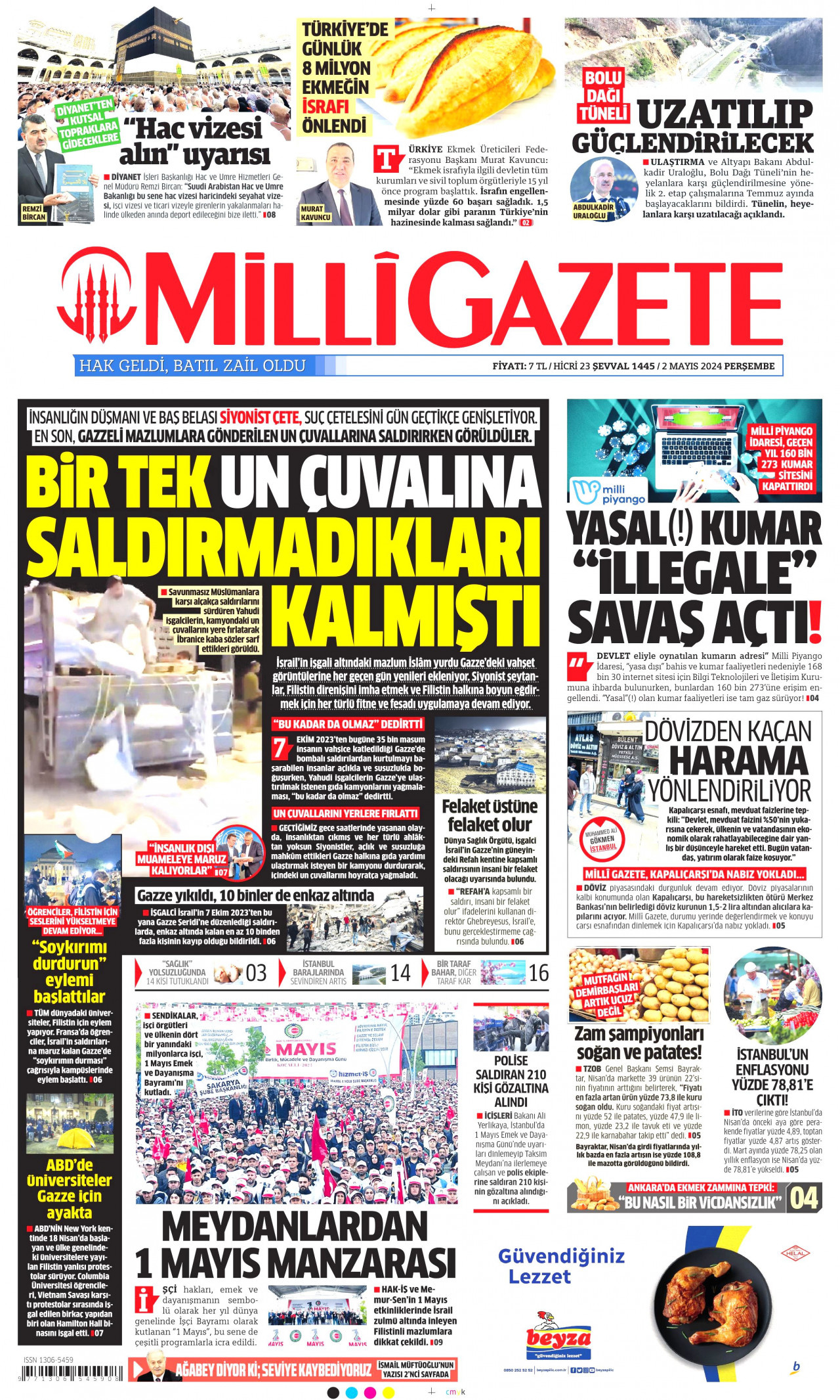 MİLLİ GAZETE gazetesinin 2 Mayıs 2024 tarihli birinci sayfası