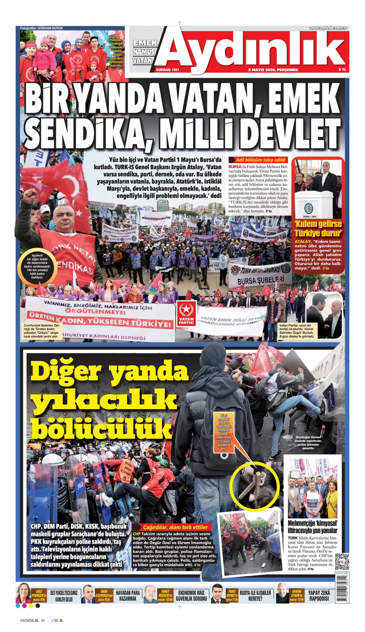 AYDINLIK GAZETESİ gazetesinin 2 Mayıs 2024 tarihli birinci sayfası