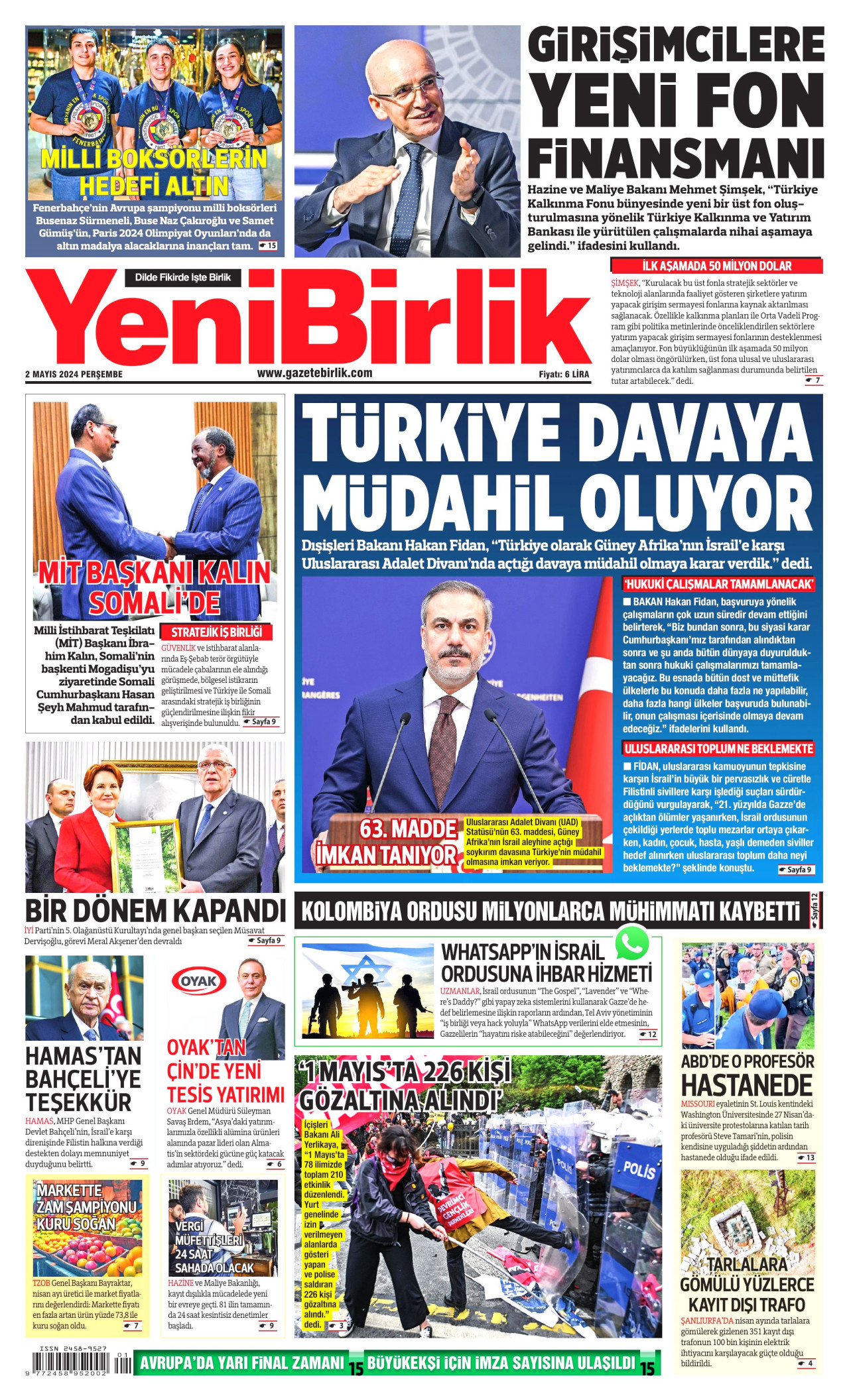 YENİBİRLİK gazetesinin 2 Mayıs 2024 tarihli birinci sayfası