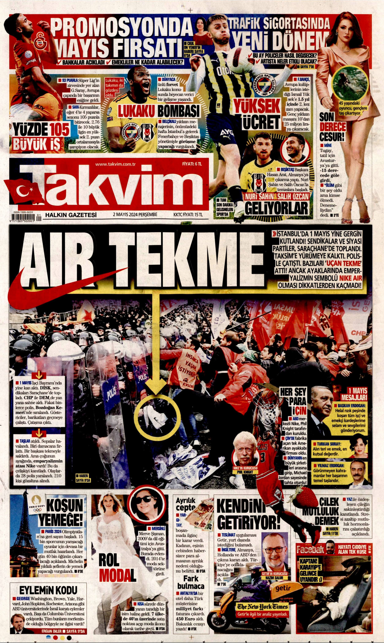 TAKVİM gazetesinin 2 Mayıs 2024 tarihli birinci sayfası