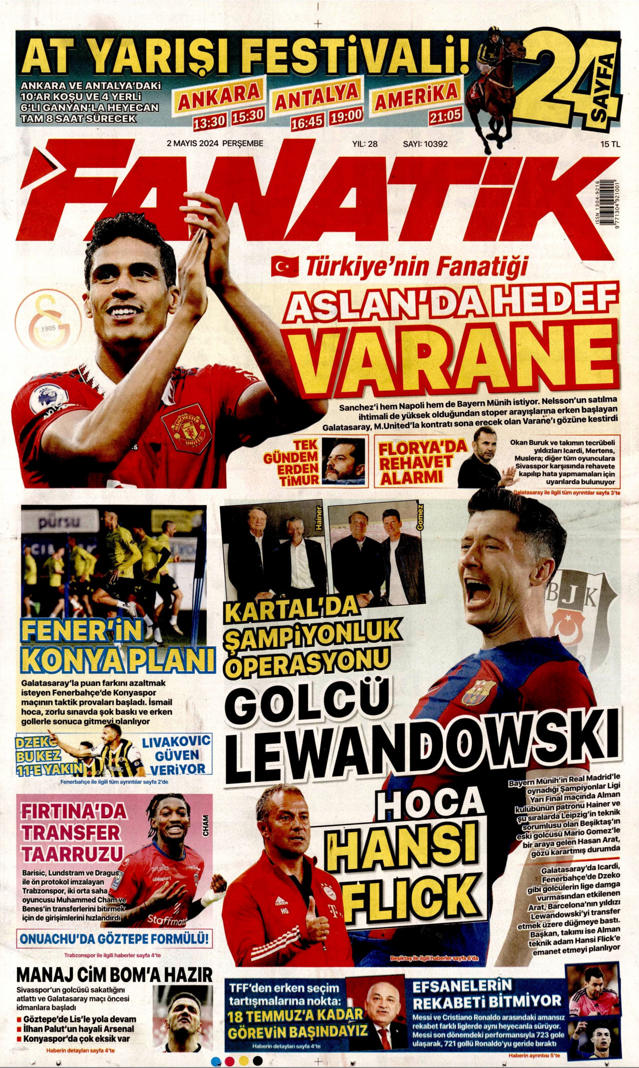 FANATİK gazetesinin 2 Mayıs 2024 tarihli birinci sayfası