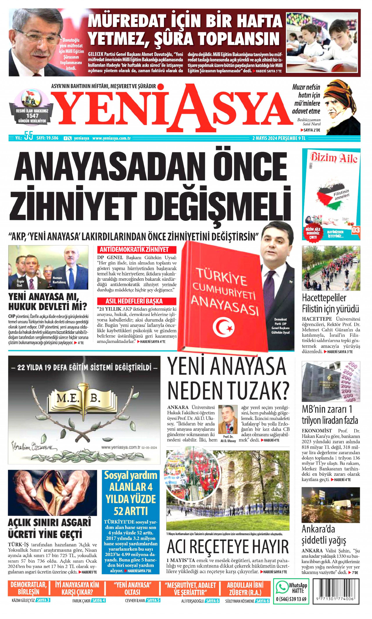 YENİ ASYA gazetesinin 2 Mayıs 2024 tarihli birinci sayfası