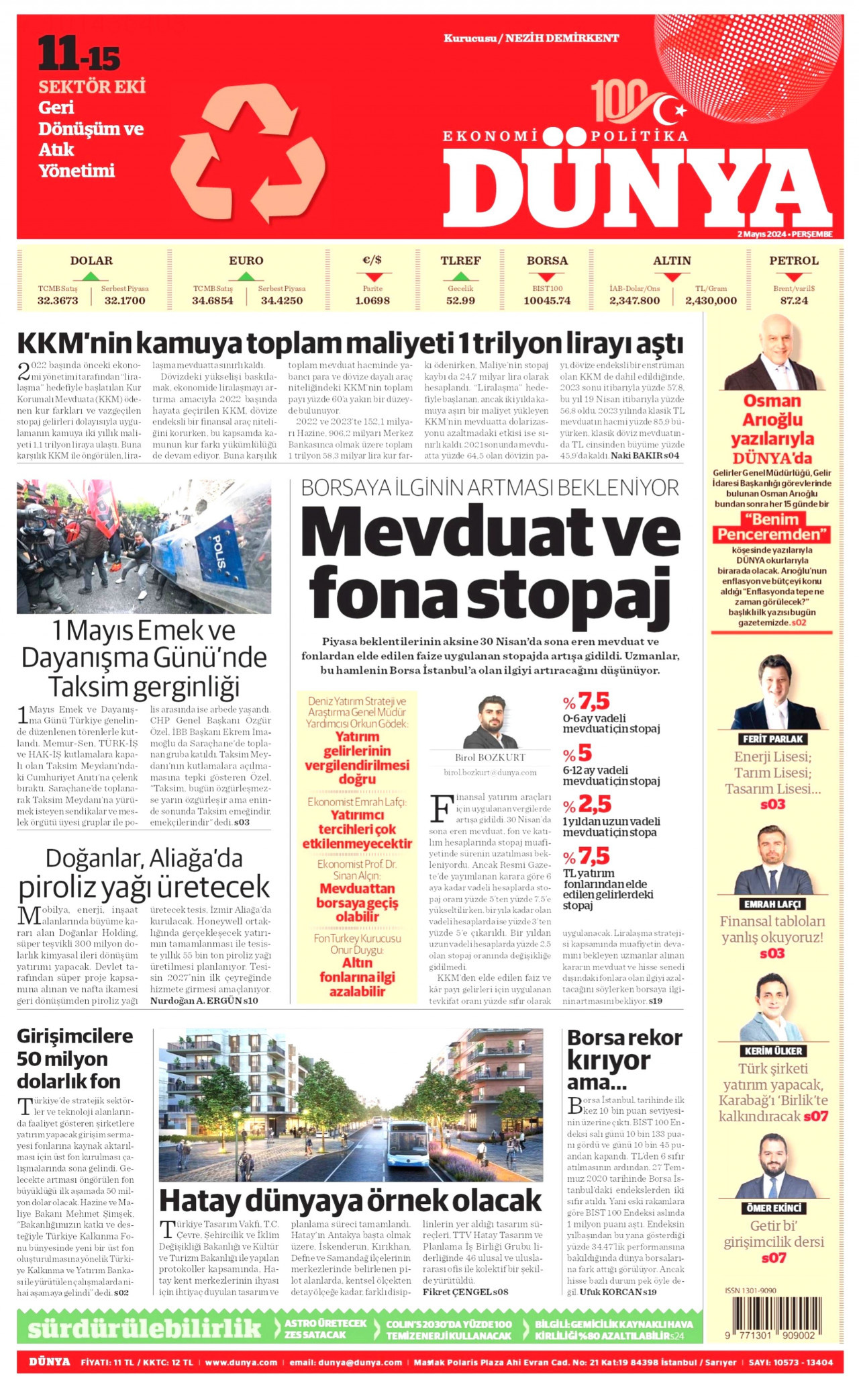 DÜNYA gazetesinin 2 Mayıs 2024 tarihli birinci sayfası