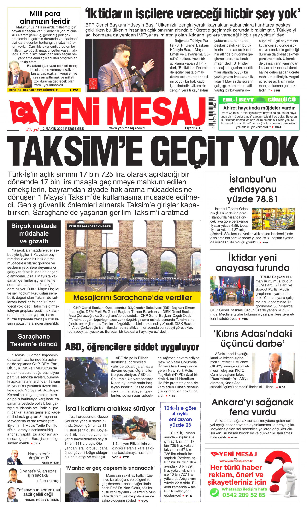 YENİ MESAJ gazetesinin 2 Mayıs 2024 tarihli birinci sayfası