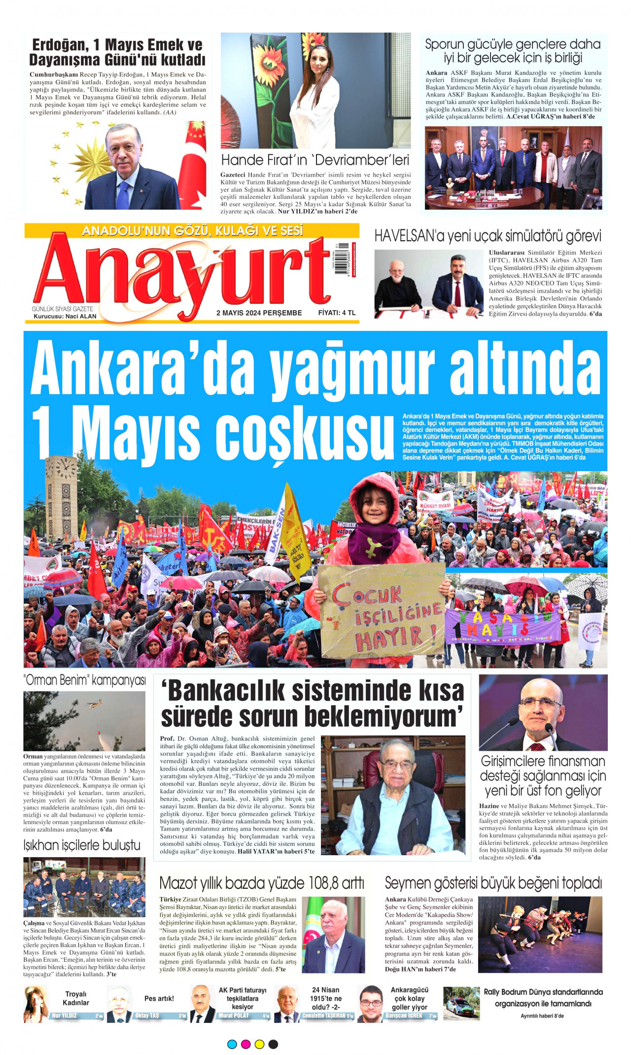 ANAYURT gazetesinin 2 Mayıs 2024 tarihli birinci sayfası