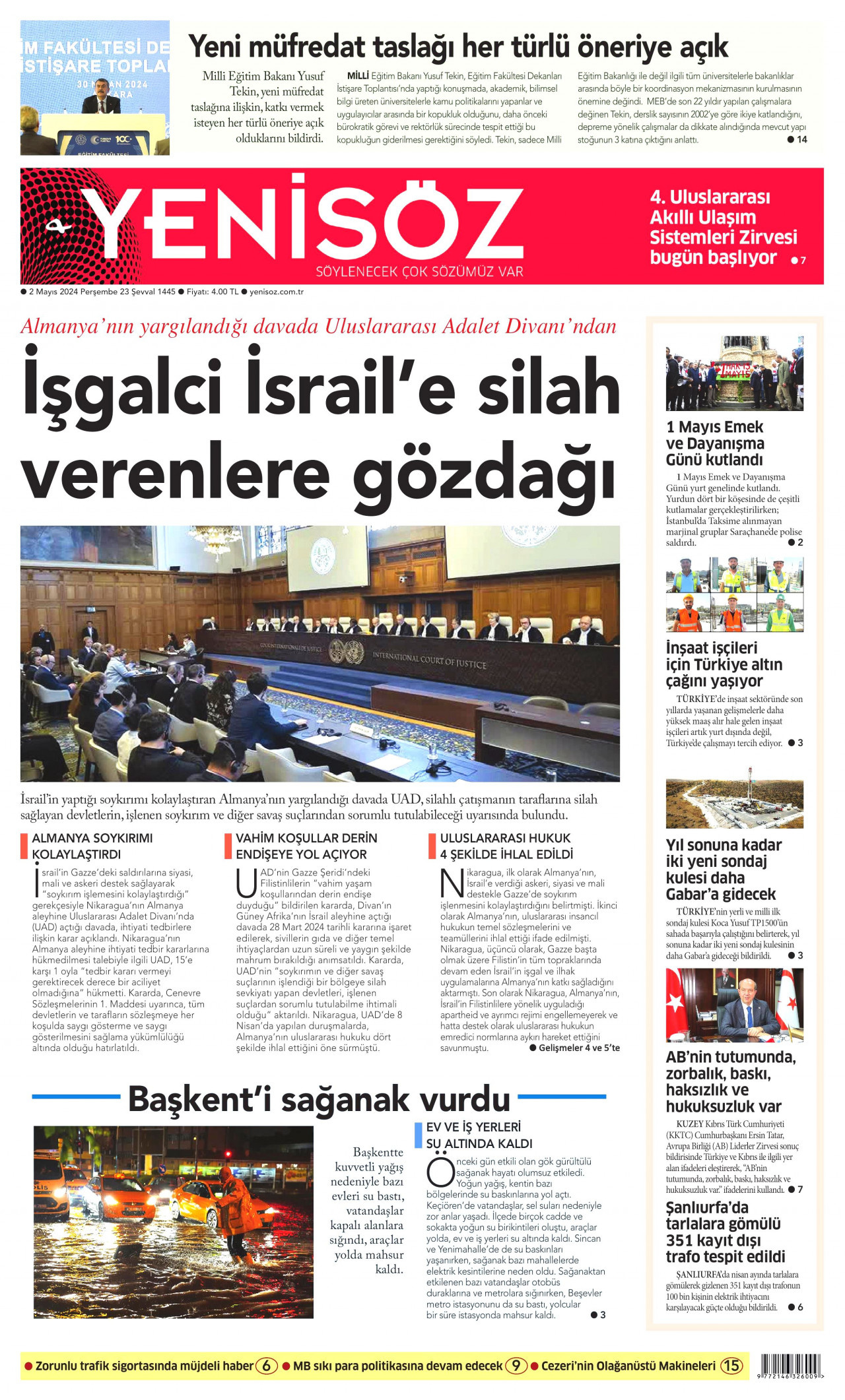 YENİ SÖZ GAZETESİ gazetesinin 2 Mayıs 2024 tarihli birinci sayfası