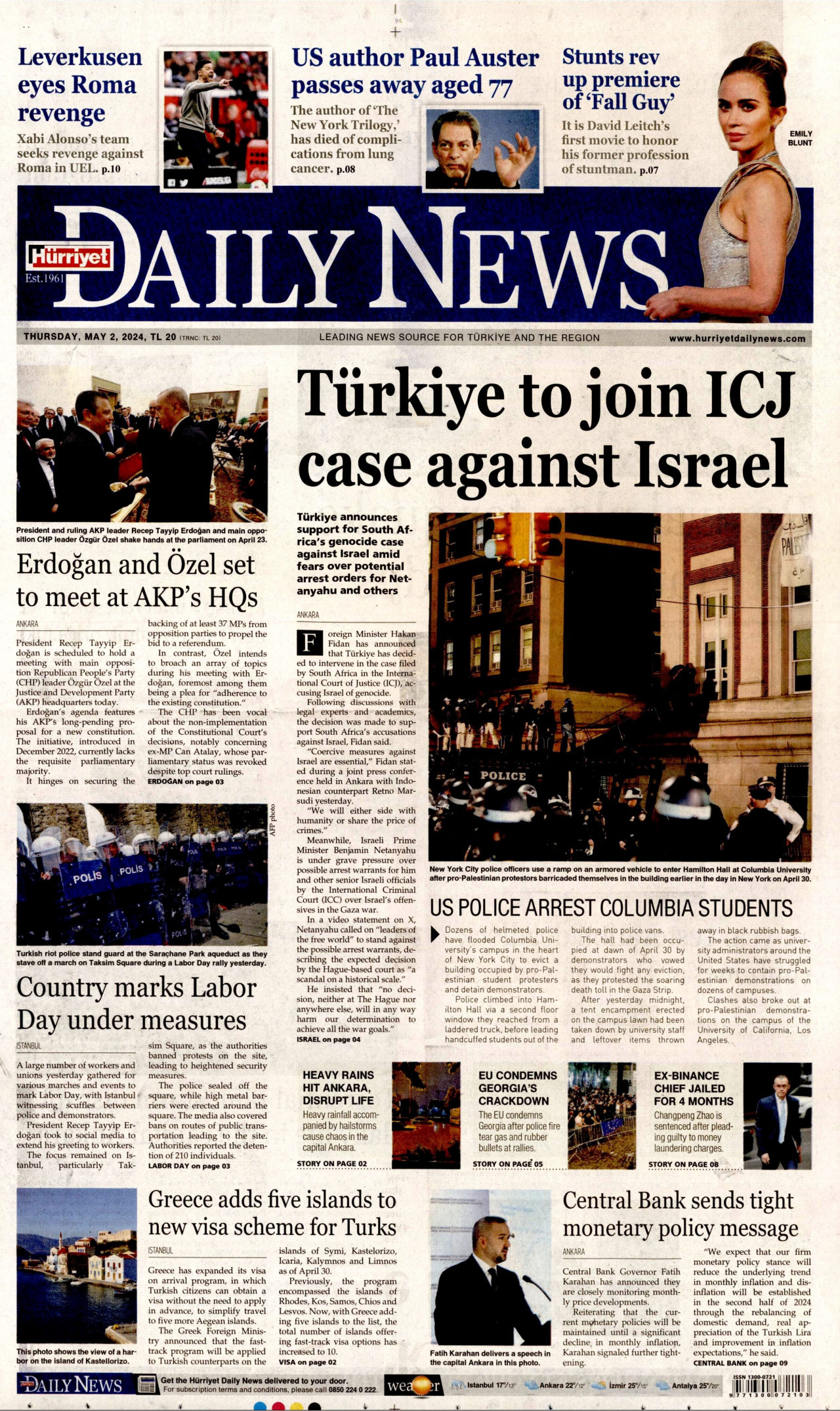 HÜRRİYET DAİLY NEWS gazetesinin 2 Mayıs 2024 tarihli birinci sayfası