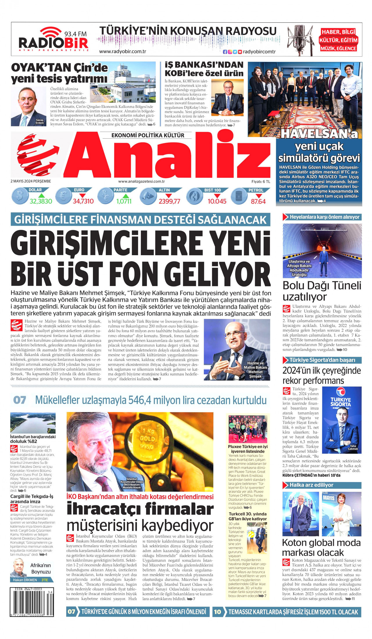 ANALİZ gazetesinin 2 Mayıs 2024 tarihli birinci sayfası