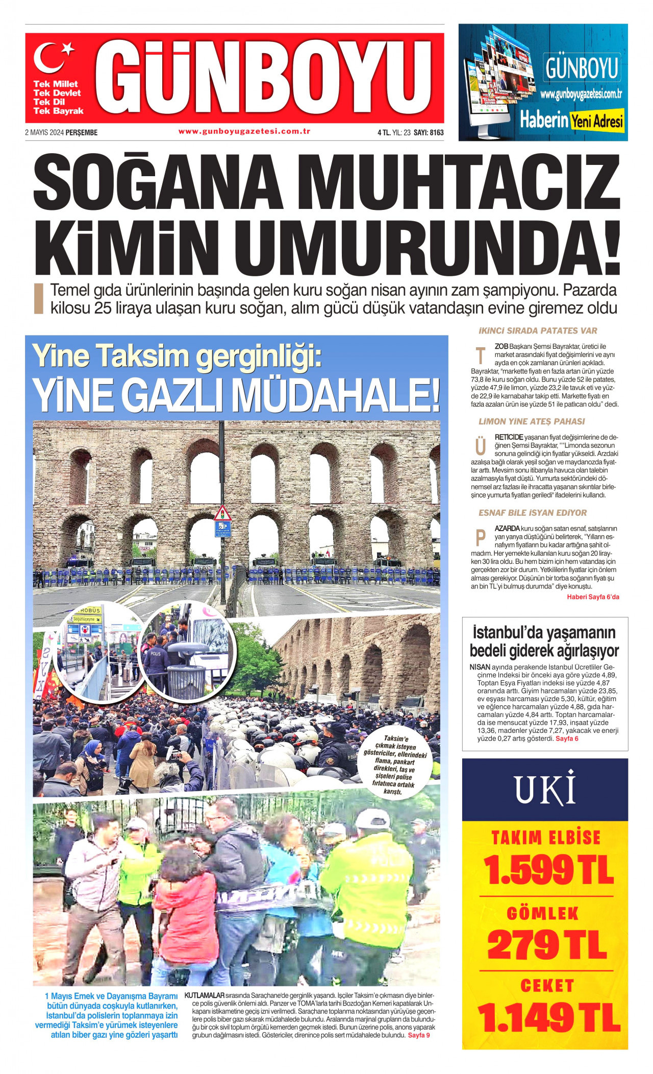 GÜNBOYU gazetesinin 2 Mayıs 2024 tarihli birinci sayfası