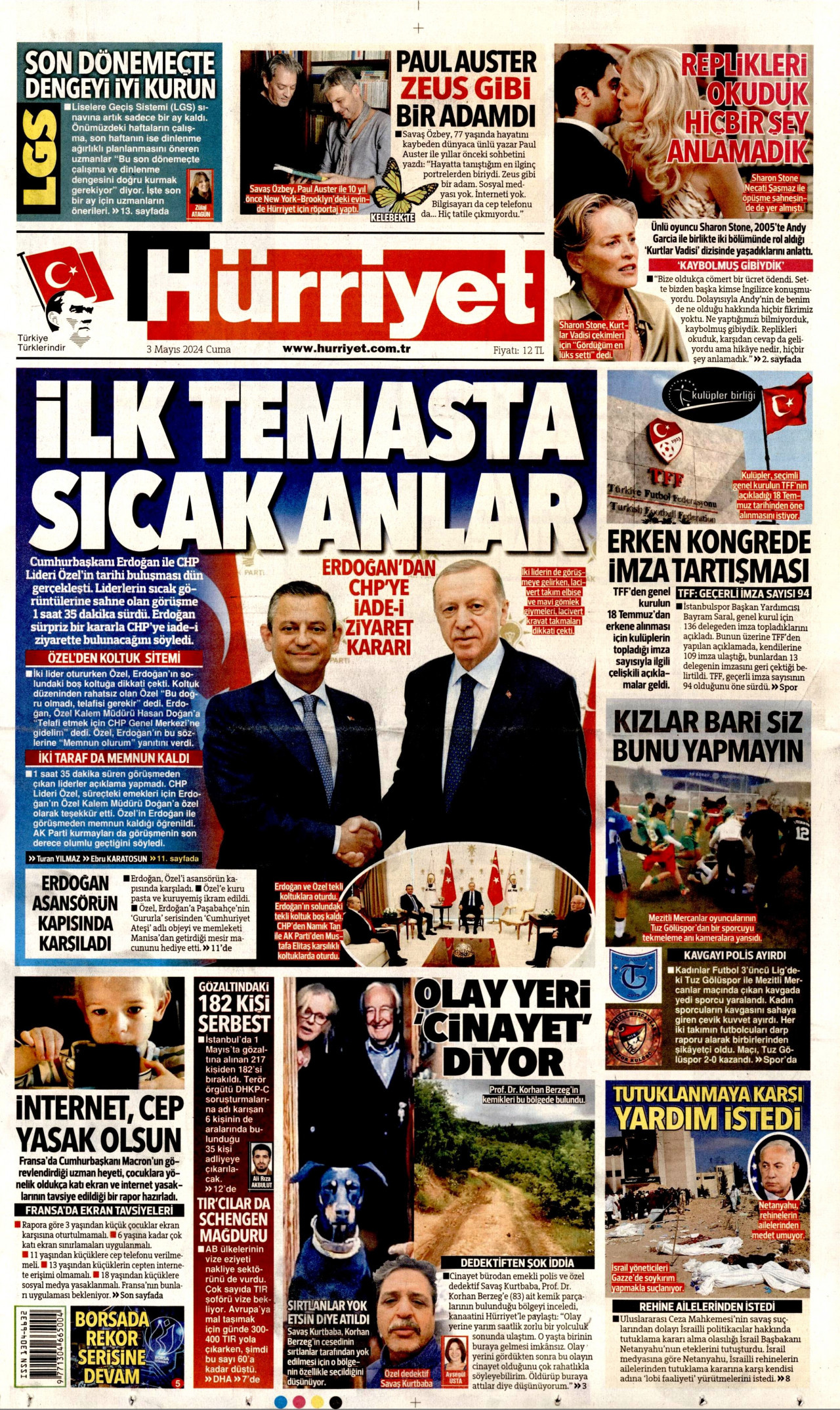 HÜRRİYET gazetesinin 3 Mayıs 2024 tarihli birinci sayfası
