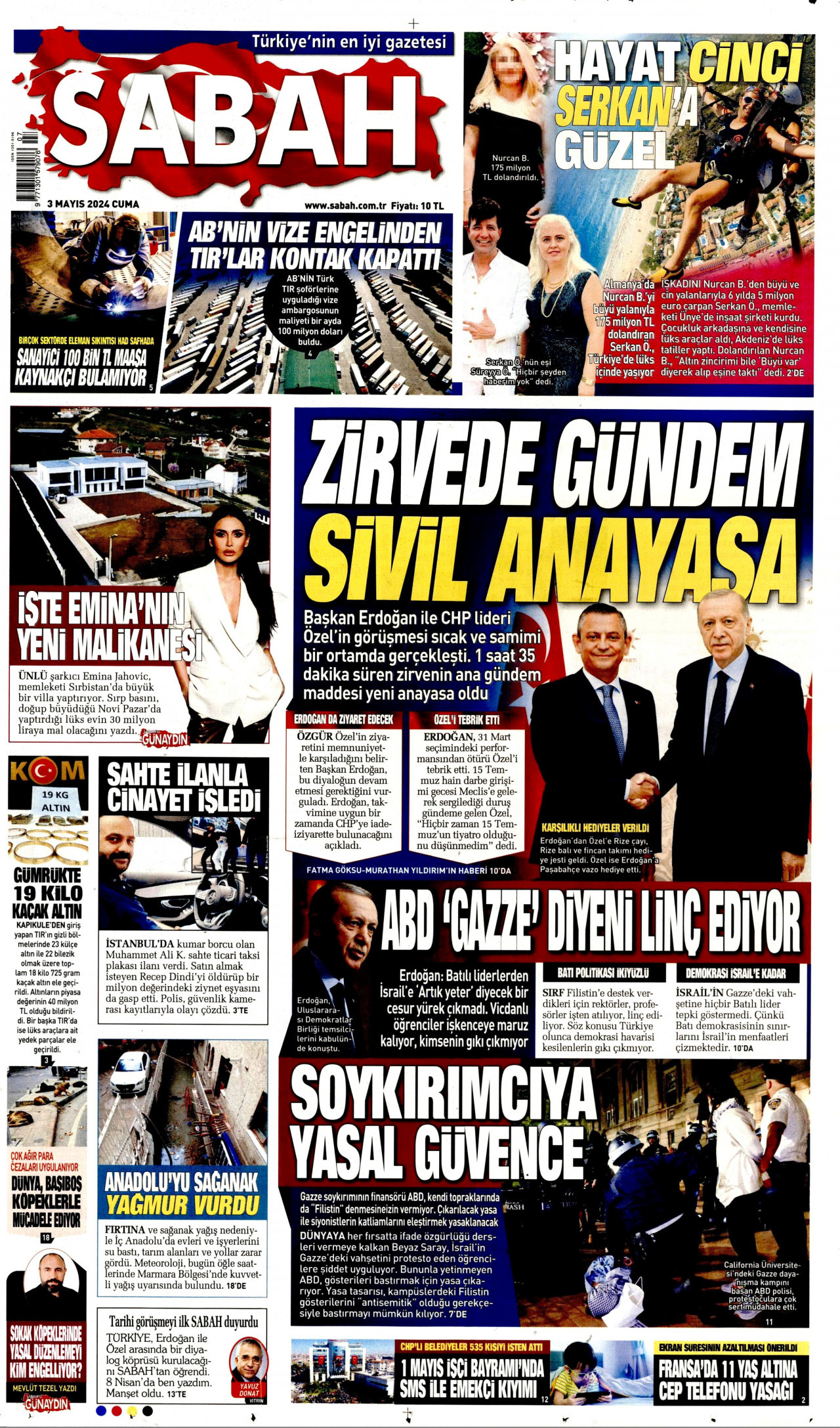 SABAH gazetesinin 3 Mayıs 2024 tarihli birinci sayfası