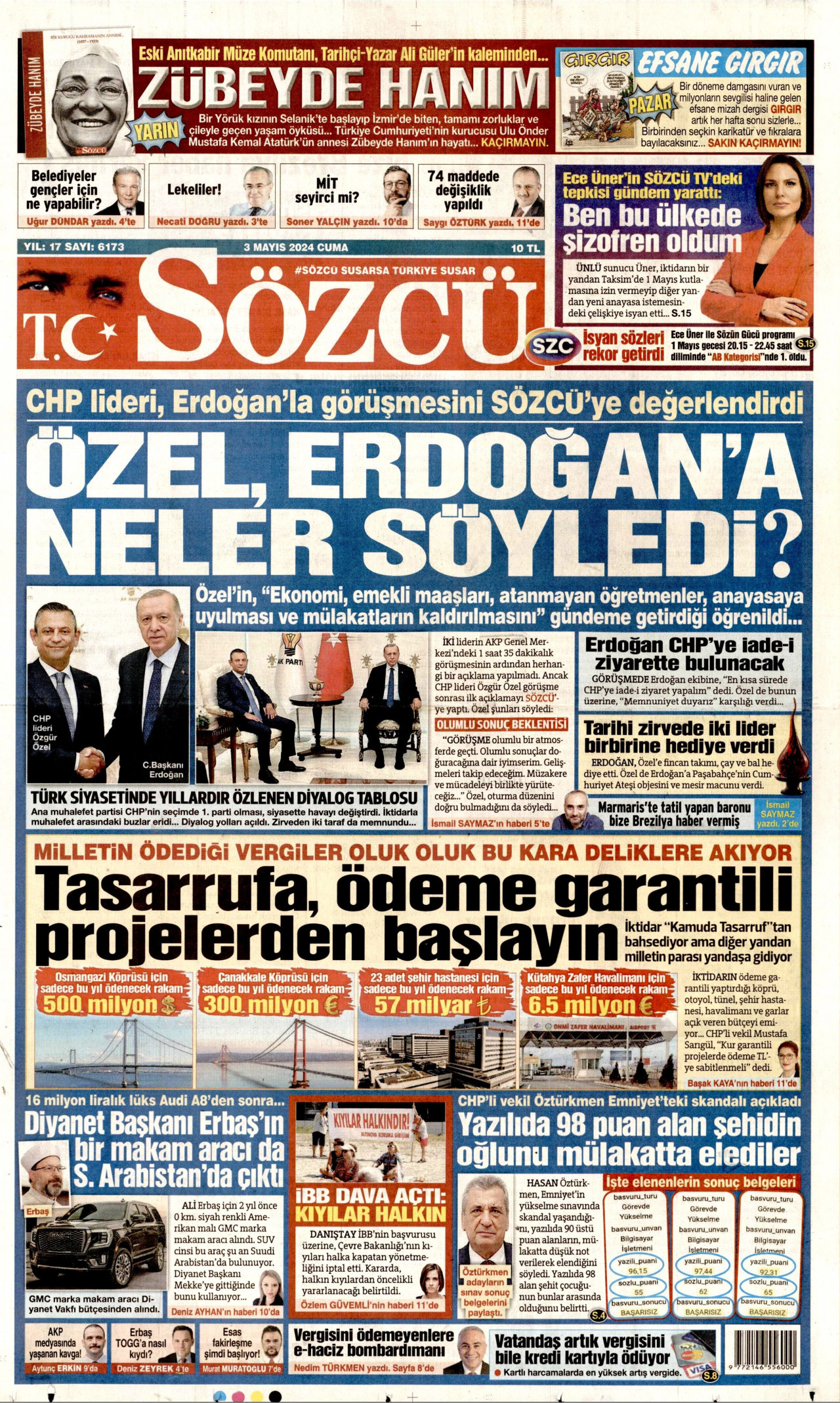 SÖZCÜ gazetesinin 3 Mayıs 2024 tarihli birinci sayfası