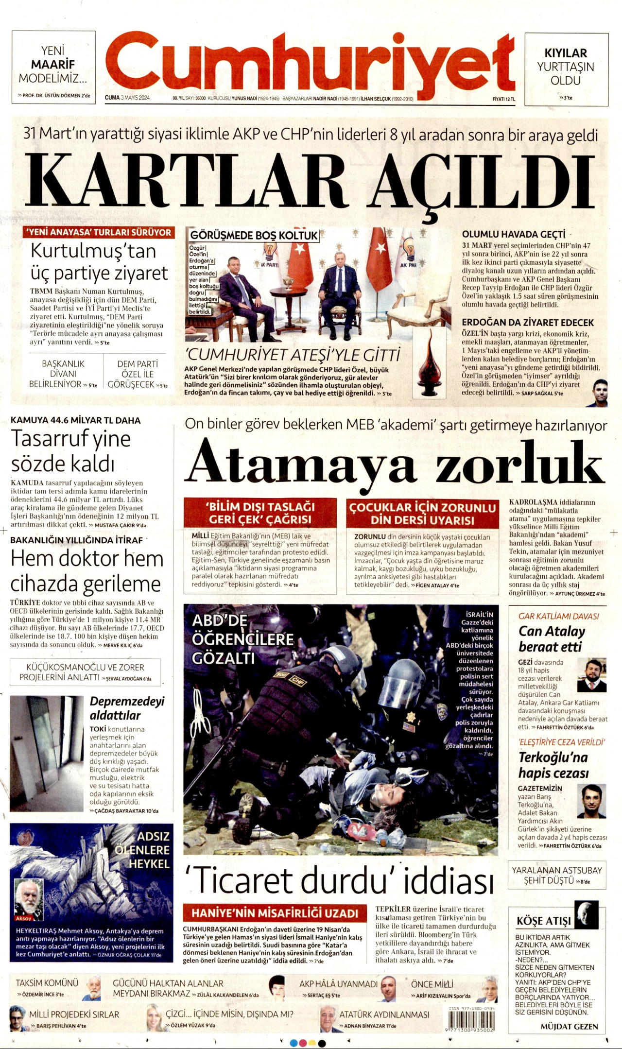 CUMHURİYET gazetesinin 3 Mayıs 2024 tarihli birinci sayfası