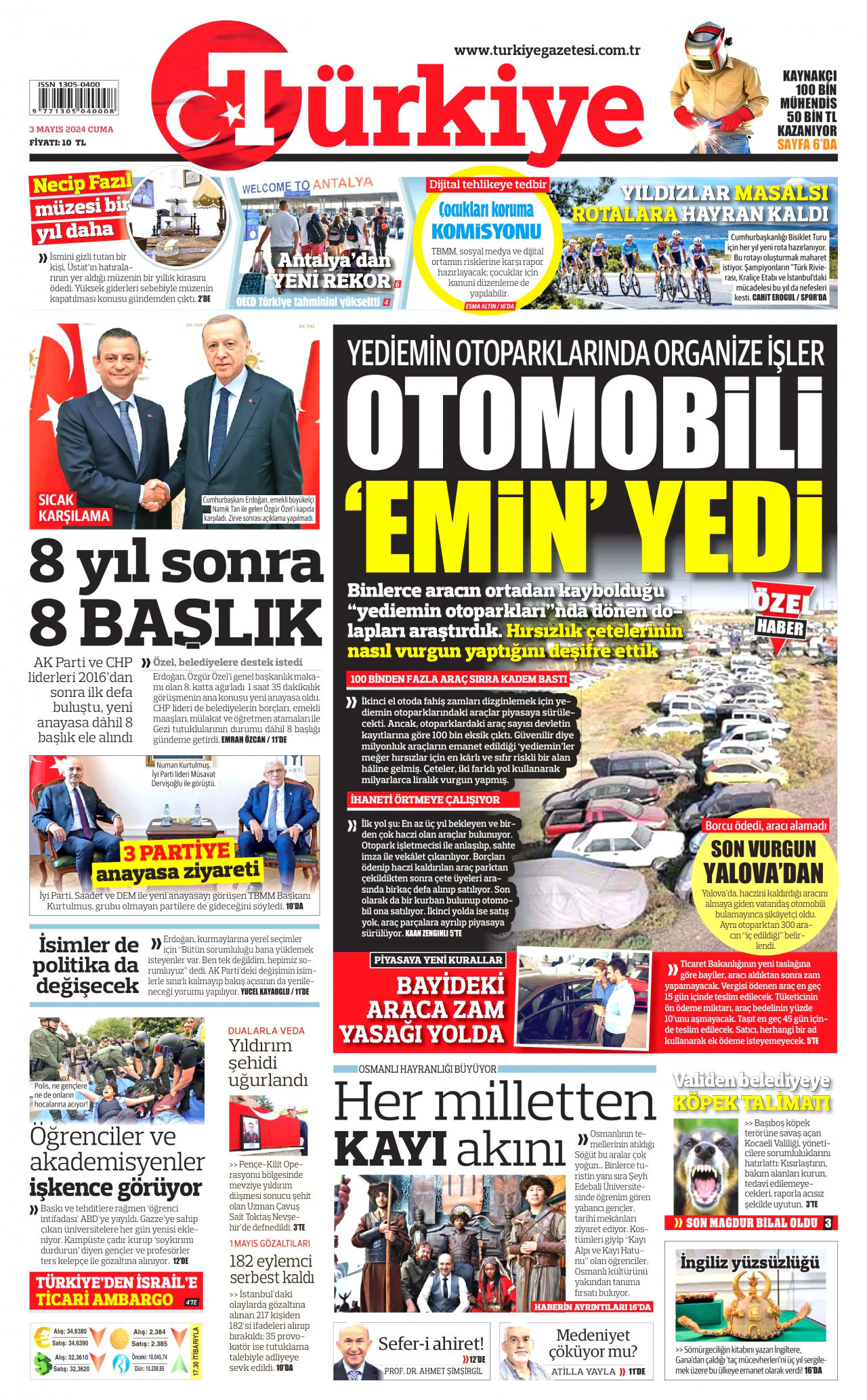 TÜRKİYE GAZETESİ gazetesinin 3 Mayıs 2024 tarihli birinci sayfası