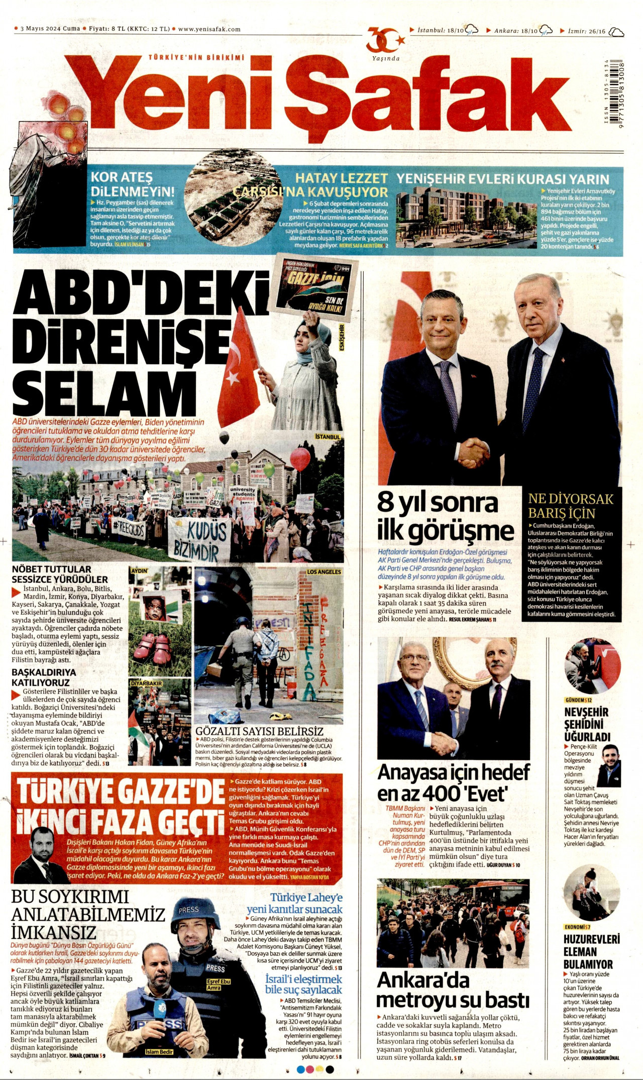 YENİ ŞAFAK gazetesinin 3 Mayıs 2024 tarihli birinci sayfası