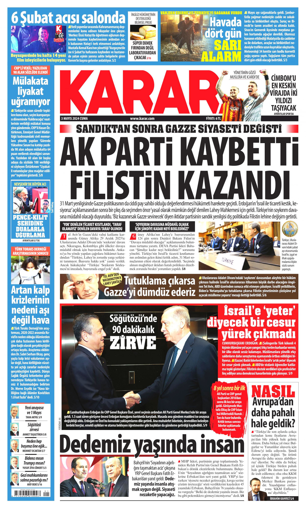 KARAR gazetesinin 3 Mayıs 2024 tarihli birinci sayfası