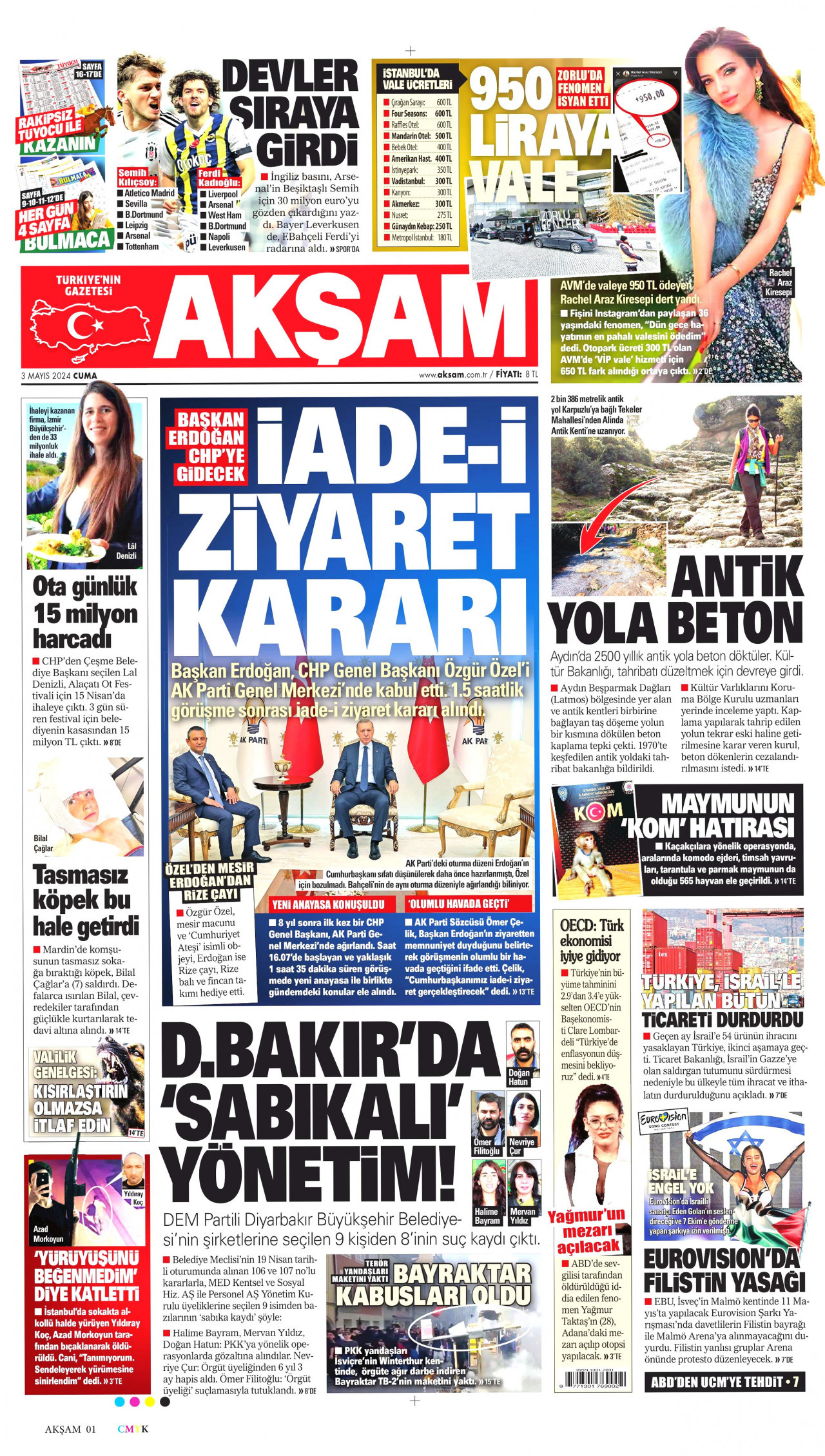 AKŞAM gazetesinin 3 Mayıs 2024 tarihli birinci sayfası