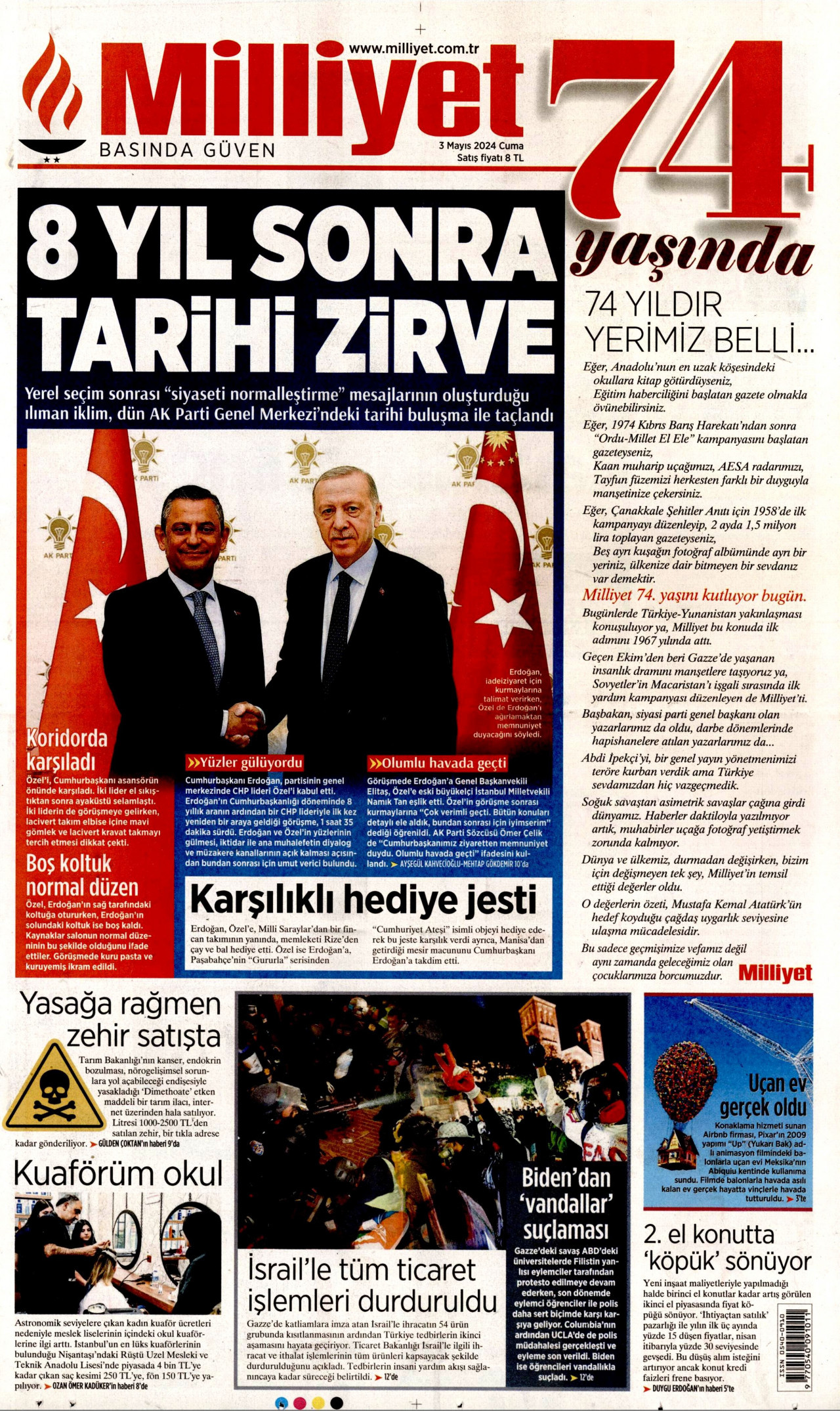 MİLLİYET gazetesinin 3 Mayıs 2024 tarihli birinci sayfası