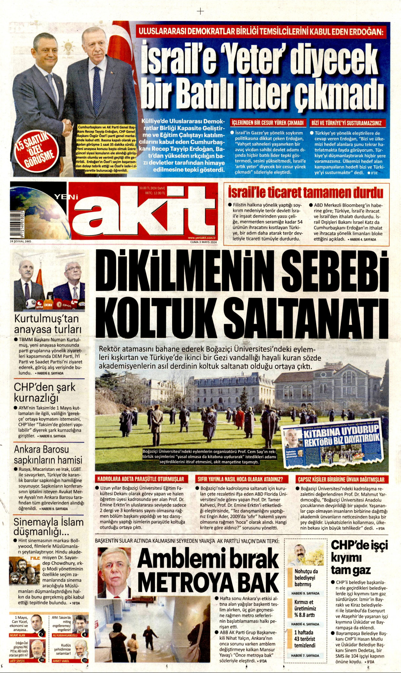 YENİ AKİT gazetesinin 3 Mayıs 2024 tarihli birinci sayfası