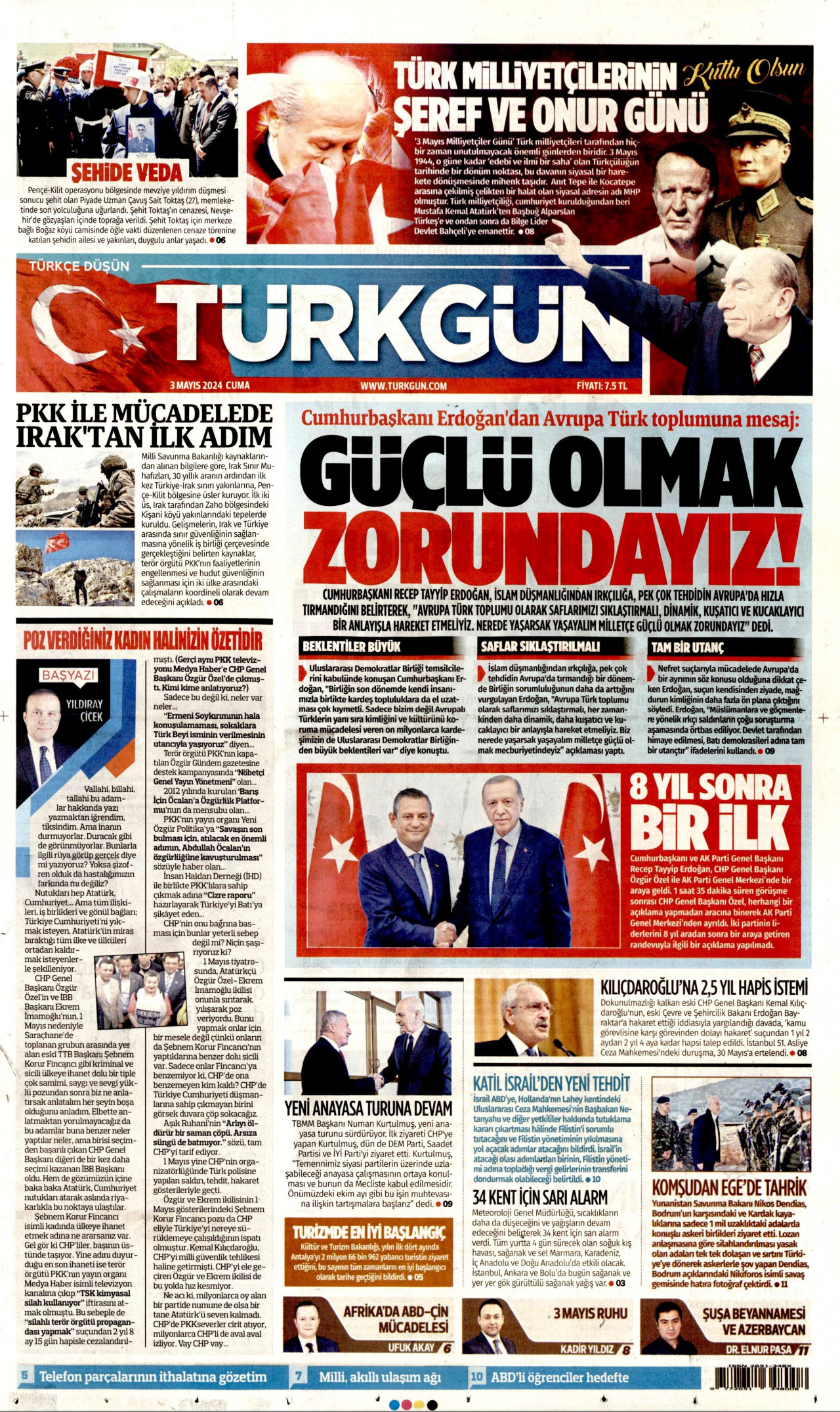 TÜRKGÜN gazetesinin 3 Mayıs 2024 tarihli birinci sayfası