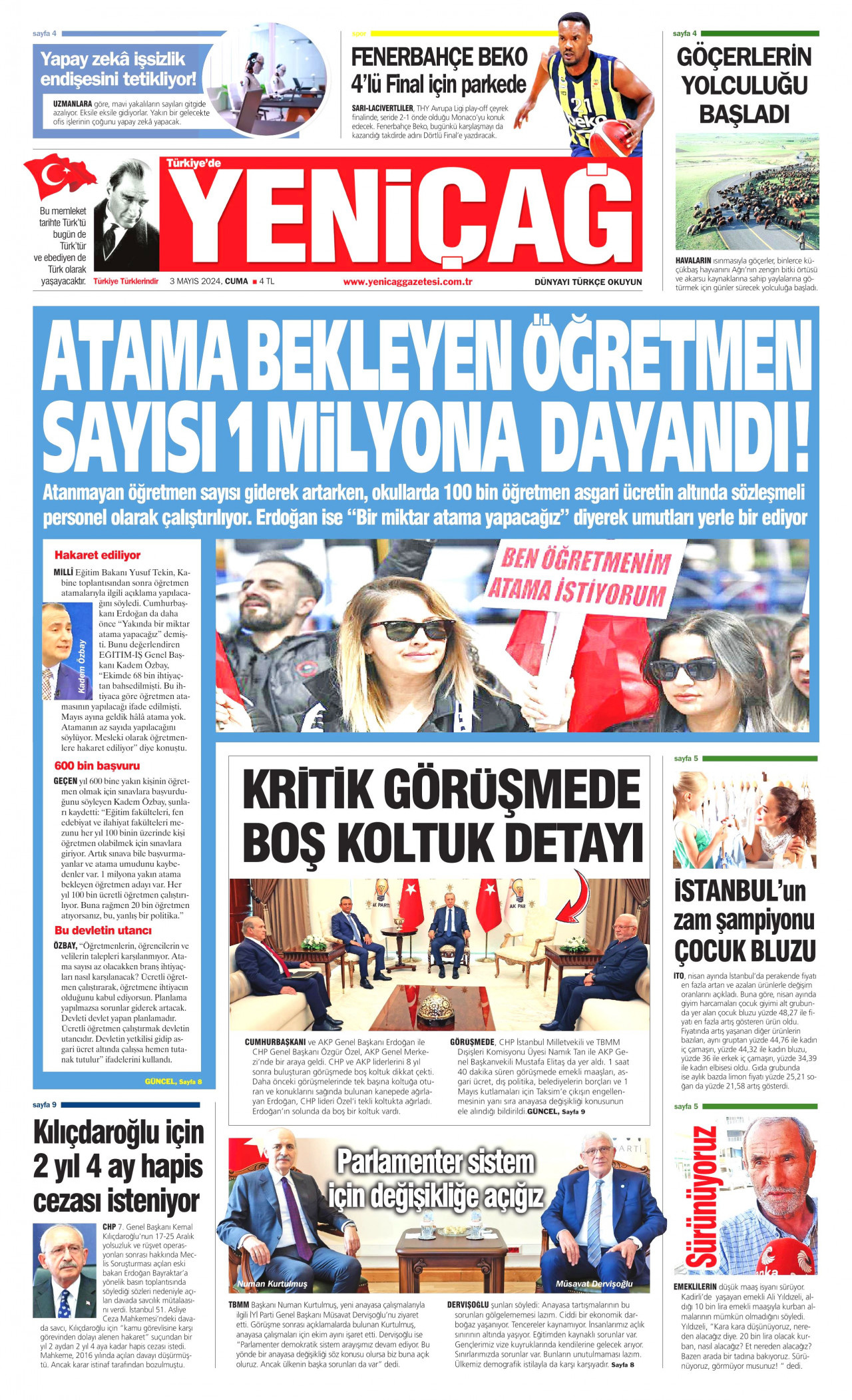 YENİÇAĞ gazetesinin 3 Mayıs 2024 tarihli birinci sayfası