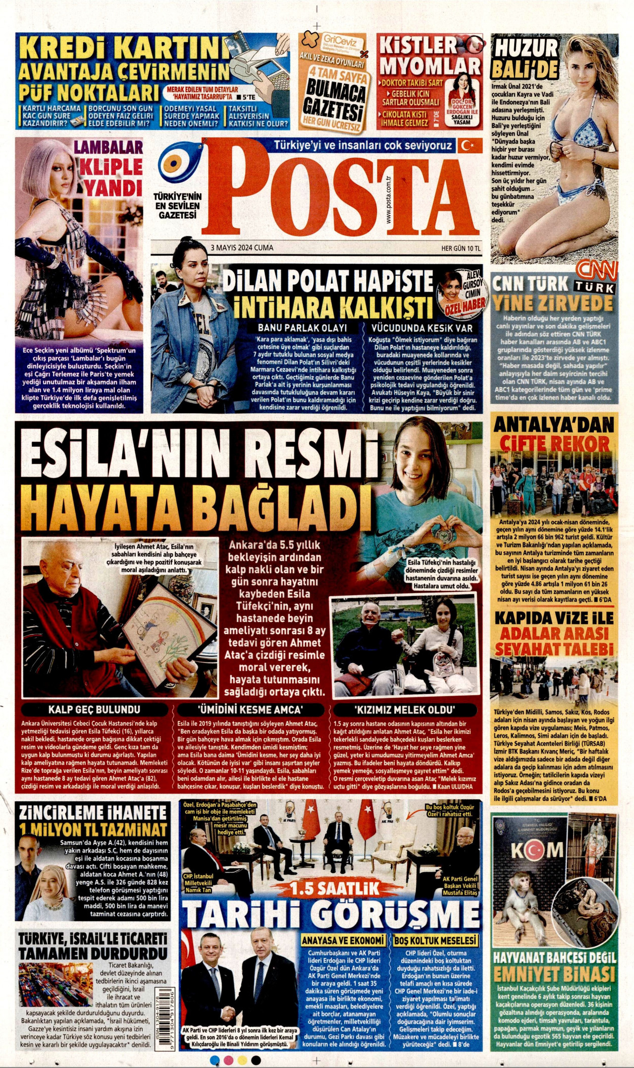 POSTA gazetesinin 3 Mayıs 2024 tarihli birinci sayfası