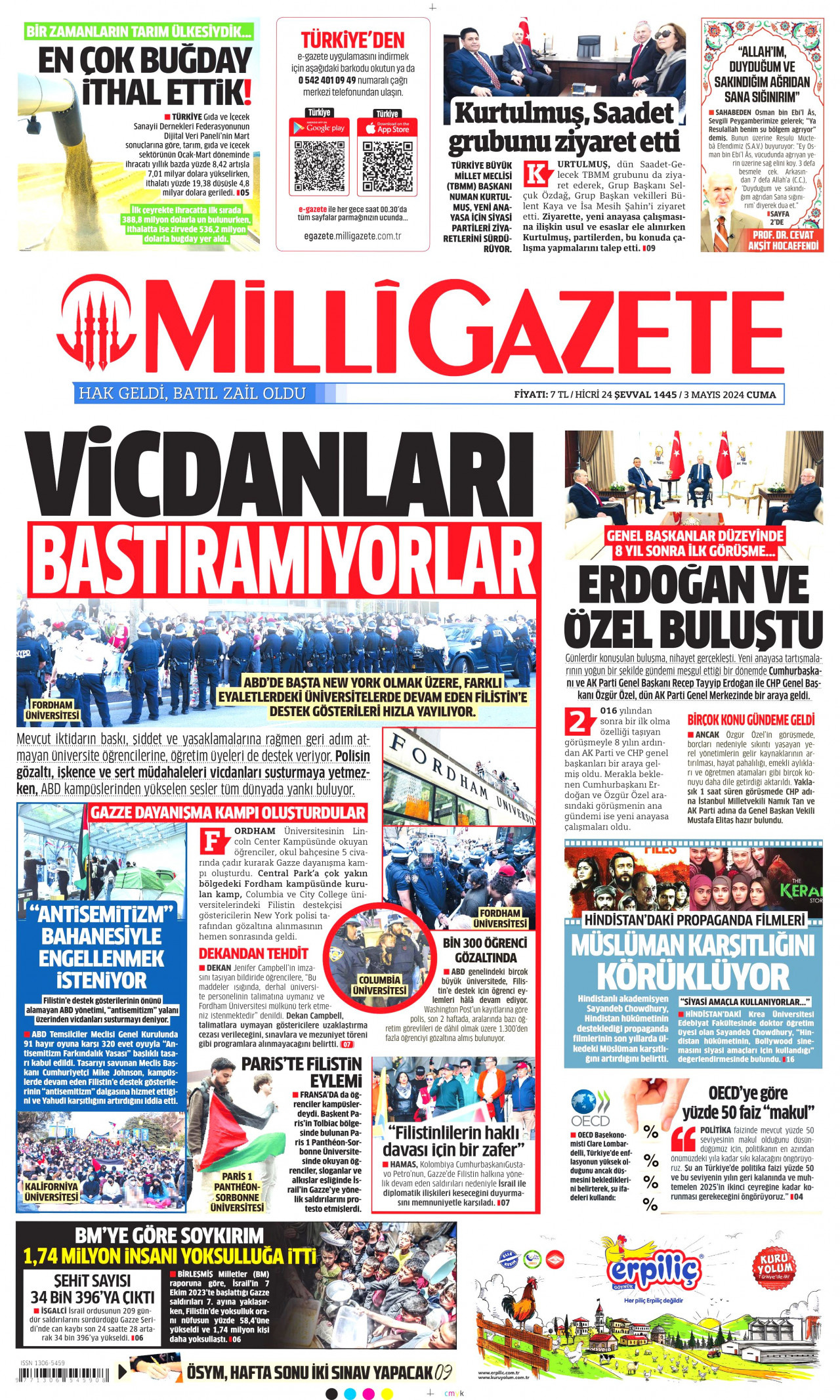 MİLLİ GAZETE gazetesinin 3 Mayıs 2024 tarihli birinci sayfası